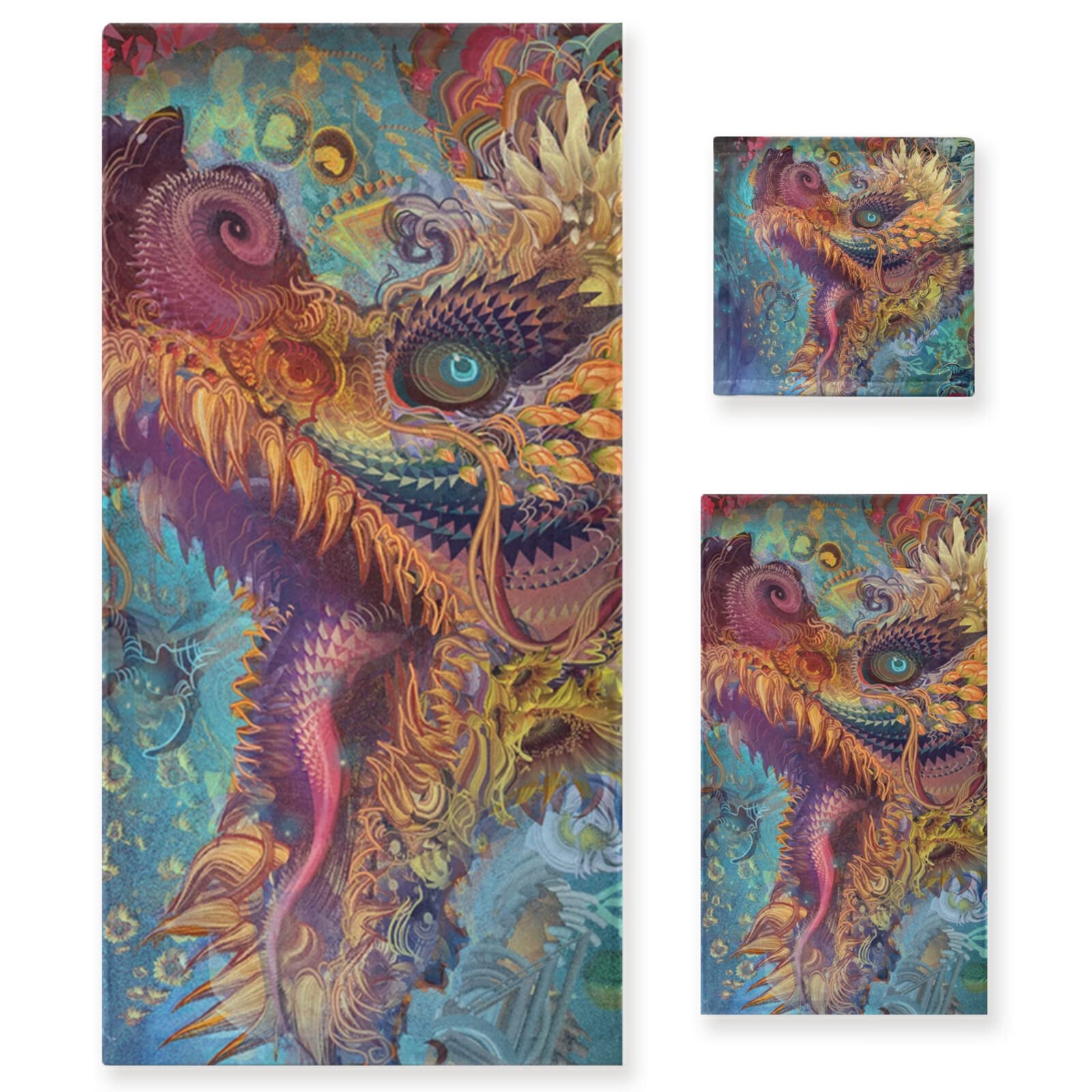 Angru Dragon Art 3-Piece Bath Towel Set - 1 Bath Towel, 1 Hand Towel, 1 Washcloth - Ultra Absorbent, Odor Resistant Cotton Towels for Bathroom, Beach, Hotel, Spa & Swimming - Soft & Quick-Drying Luxury Towels for Home & Travel