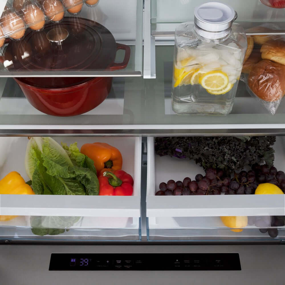 ZLINE Autograph Edition 36-Inch Counter Depth French Door Refrigerator - 21.6 cu.ft Capacity, Fingerprint Resistant Stainless Steel with Champagne Bronze Handles, Built-In Water and Ice Dispenser (RFMZ W 36 CB) - Perfect for Modern Kitchens, Open-Concept Homes, and Gourmet Cooking Spaces