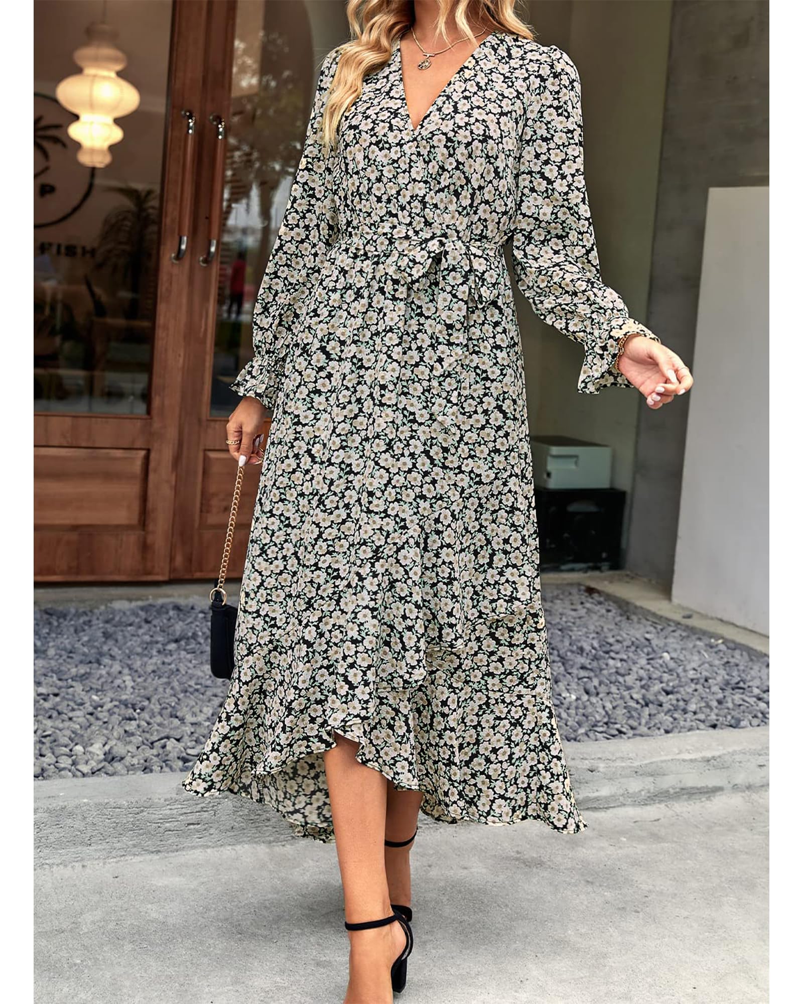 BTFBM Women's Long Sleeve Floral Dress - V Neck High Waist Ruffle Boho Maxi Dress for Spring Summer 2025 | Wedding Guest Dress, Garden Party, Date Night & Special Occasions