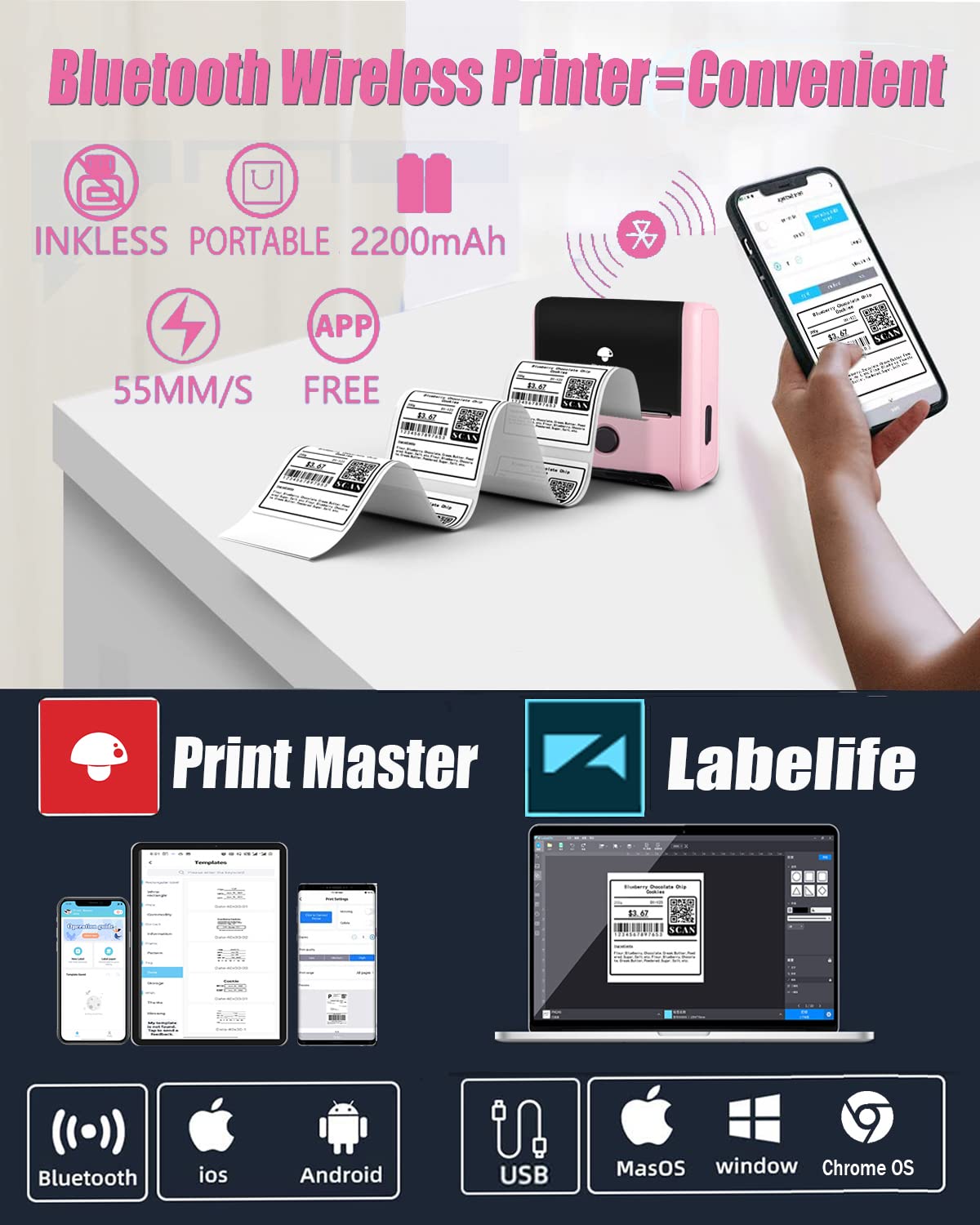 Memoking M200 Bluetooth Label Maker Machine with Tape - Portable Sticker Printer for Small Business, Address Labels, Logo Printing, Mailing & Office Organization | Compatible with Phones & PC | Includes 100+ Labels | Perfect for Kitchen Pantry, File Sorting & Product Labeling