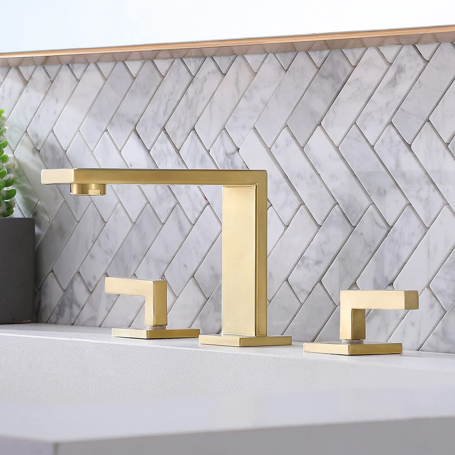 Premium Brushed Gold Bathroom Faucet - Modern 2-Handle 3-Hole Widespread Design - Solid Brass Construction with Water Supply Lines - Perfect for Vanity Sinks in Luxury Bathrooms & Commercial Spaces