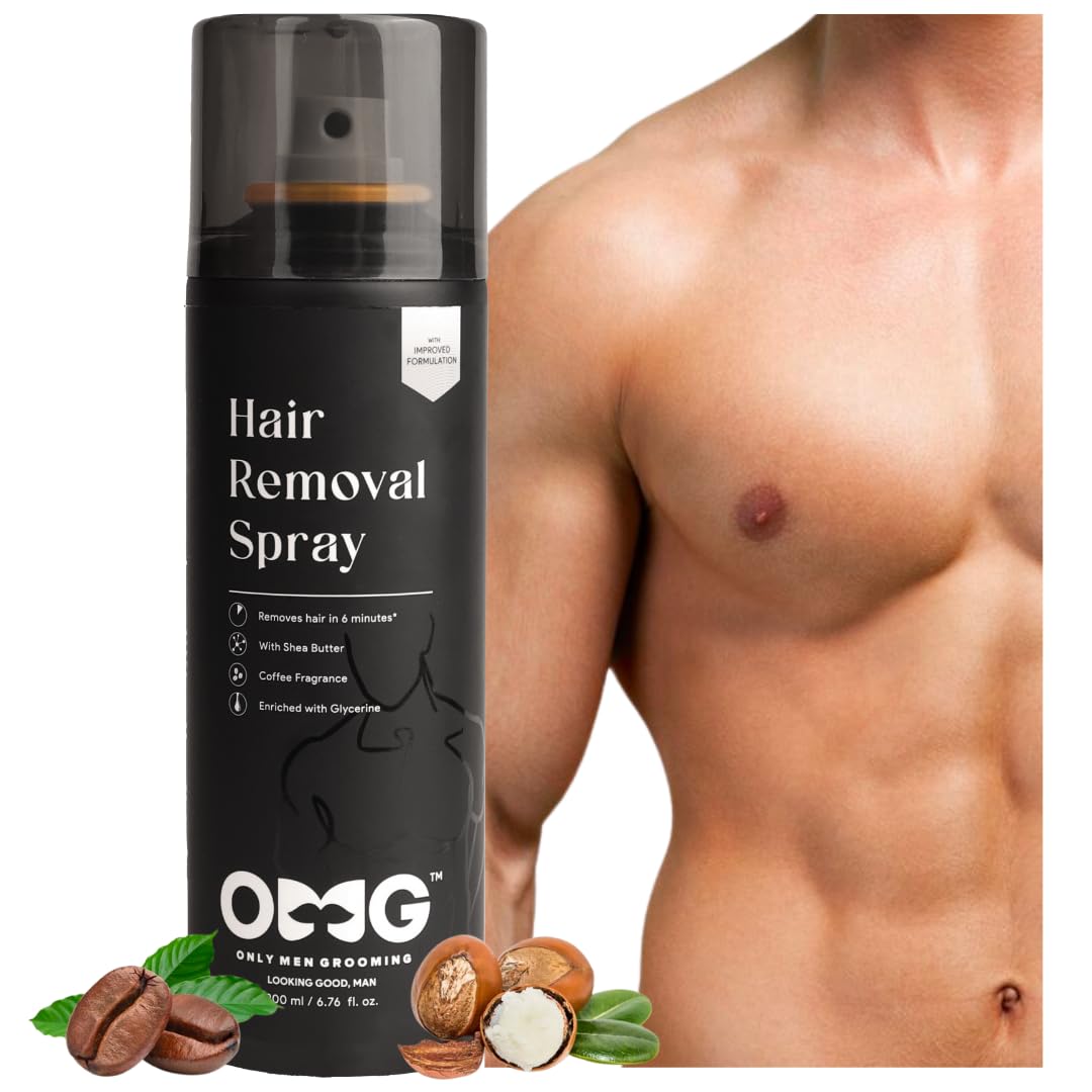 OMG Painless Hair Removal Spray for Men - Quick & Effective Body Hair Removal for Chest, Back, Hands, Legs & Intimate Areas | Enriched with Coffee Fragrance, Shea Butter & Glycerin | Works in Under 10 Minutes | 200ml | Perfect for Smooth Skin Before Beach, Gym or Date Night