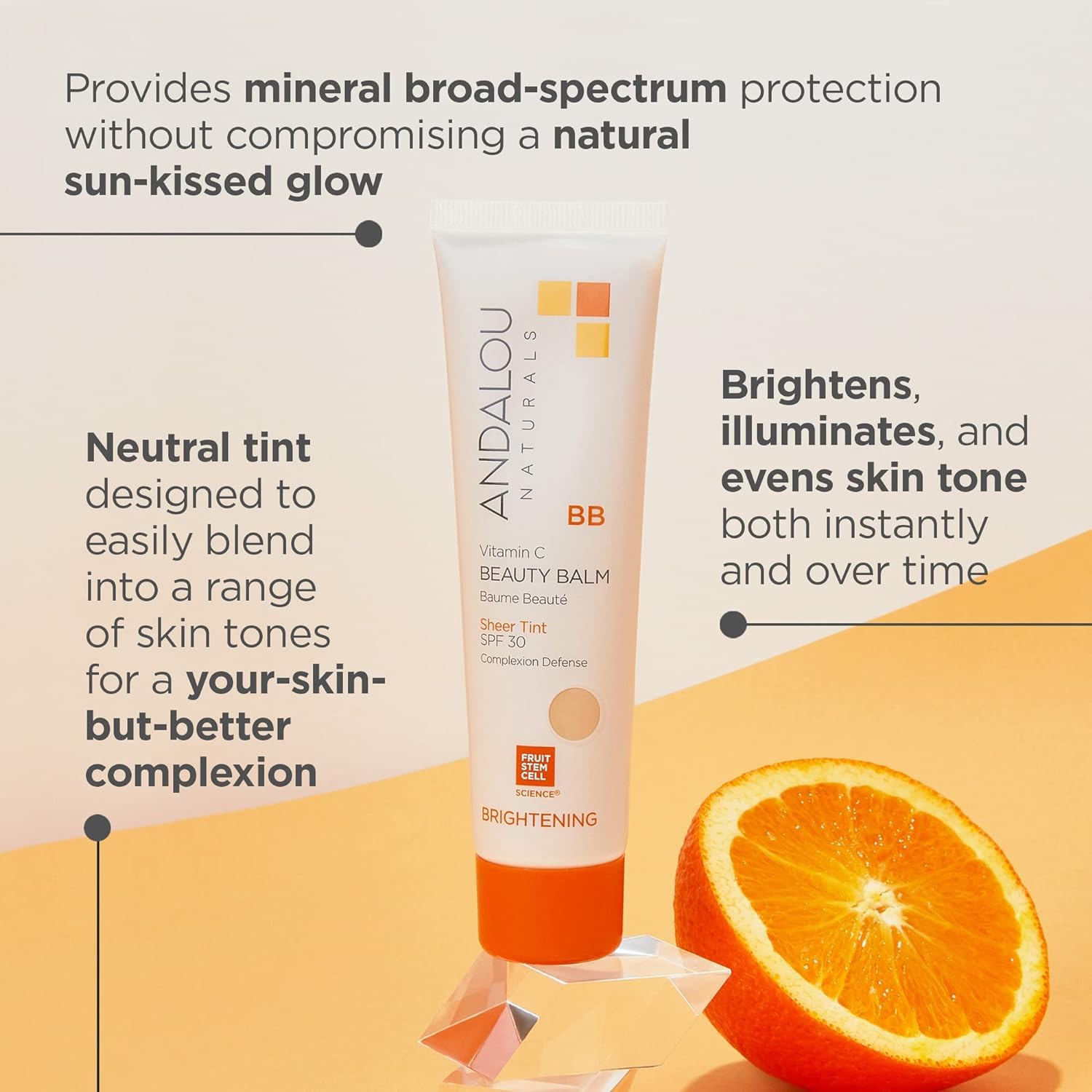 Andalou Naturals BB Cream with SPF 30 - 2oz Sheer Tinted Moisturizer, Natural Skincare for Daily Sun Protection & Even Skin Tone | Perfect for Work, Travel & Everyday Wear