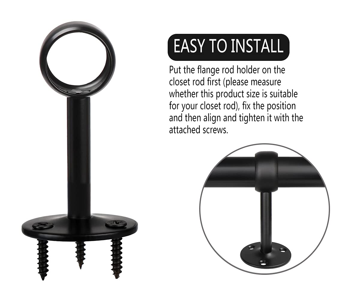 Jimmus 4Pcs 1-1/4 Inch Heavy Duty Stainless Steel Ceiling Mount Curtain Rod Brackets - Black Flange Closet Rod Holder & Pole End Supports for Bedroom, Living Room, Closet Organization