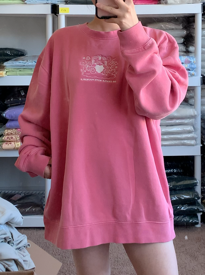 Be Gentle With Yourself - Pink Embroidered Self Care Sweatshirt | Women's Comfort Pullover | Cozy Lounge Wear for Relaxation & Mental Wellness