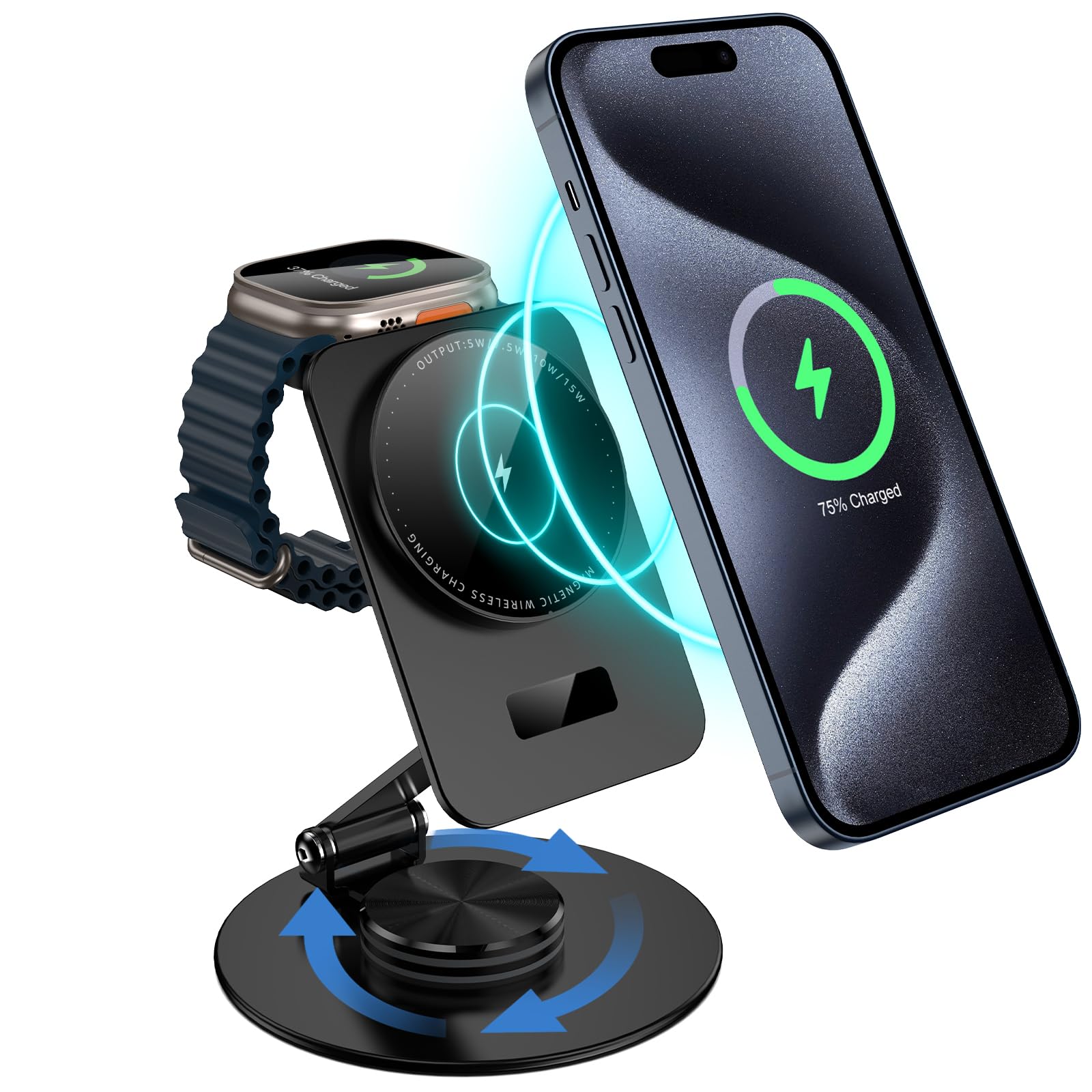 2-in-1 Foldable MagSafe Wireless Charging Station for iPhone 15 Pro/14/13/12 & Apple Watch 9/8/7/6/SE/5/4/3/2 - Fast Charging Stand with AirPods Holder (Black) | Perfect for Bedside, Office & Travel Use
