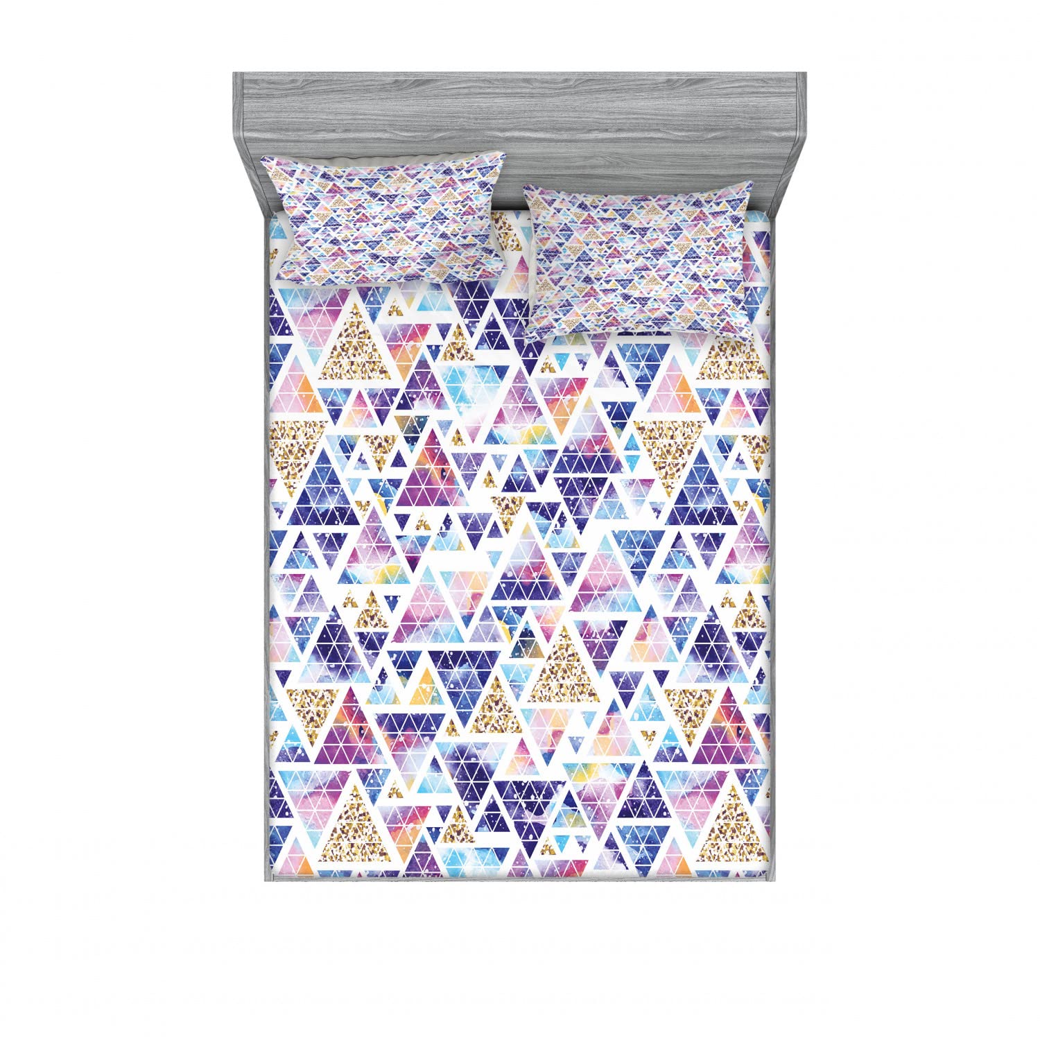 Ambesonne Geometric 2-Piece Full Size Bedding Set - 2 Fitted Sheets & 4 Pillow Shams with Triangular Space Art Design, Vibrant Multicolor 4-Pc Bed Decor for Modern Bedrooms | Perfect for Guest Rooms, Dorms & Contemporary Home Decor