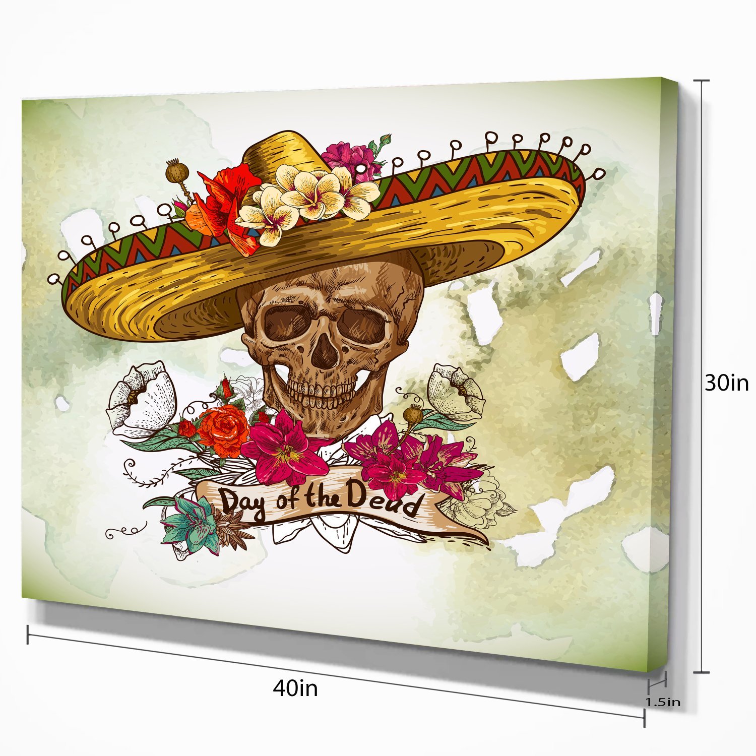 Skull in Sombrero with Flowers - Mexican Sugar Skull Floral Art Canvas Print Wall Decor for Day of the Dead, Home & Office Decorations
