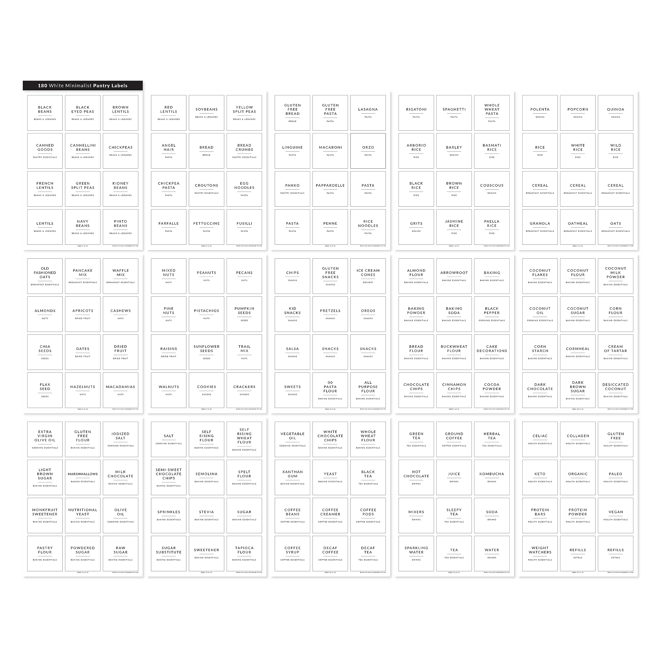 SAVVY & SORTED Minimalist Pantry Labels - 180 Waterproof Vinyl Stickers for Food Containers & Kitchen Organization | Perfect for Pantry, Spice Jars, Storage Bins & Home Decluttering