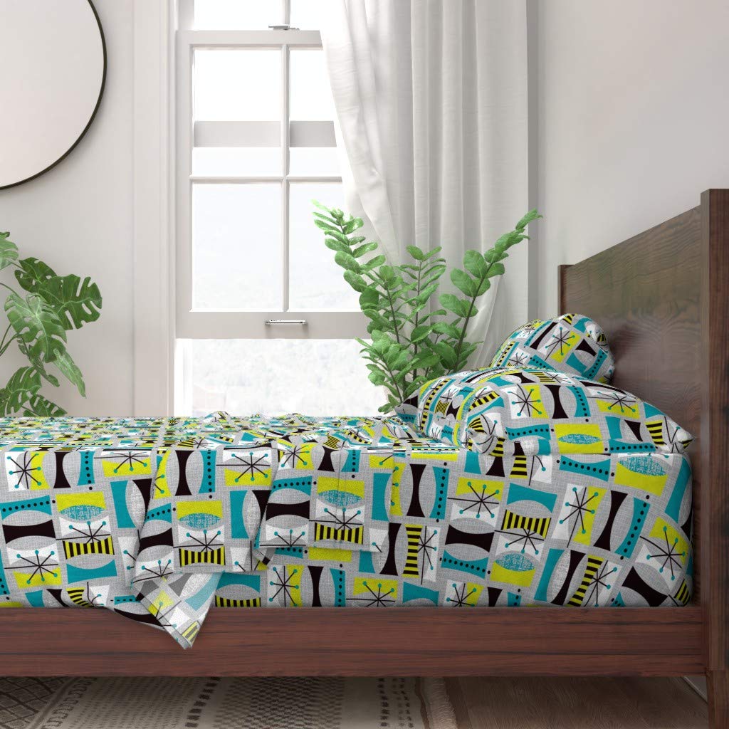 Mod Leaves Mid Century Modern Abstract Boho Geometric Retro Print 100% Cotton Twin 3-Piece Sheet Set by Spoonflower | Soft Custom Bedding for Boho Chic, Retro & Modern Bedrooms