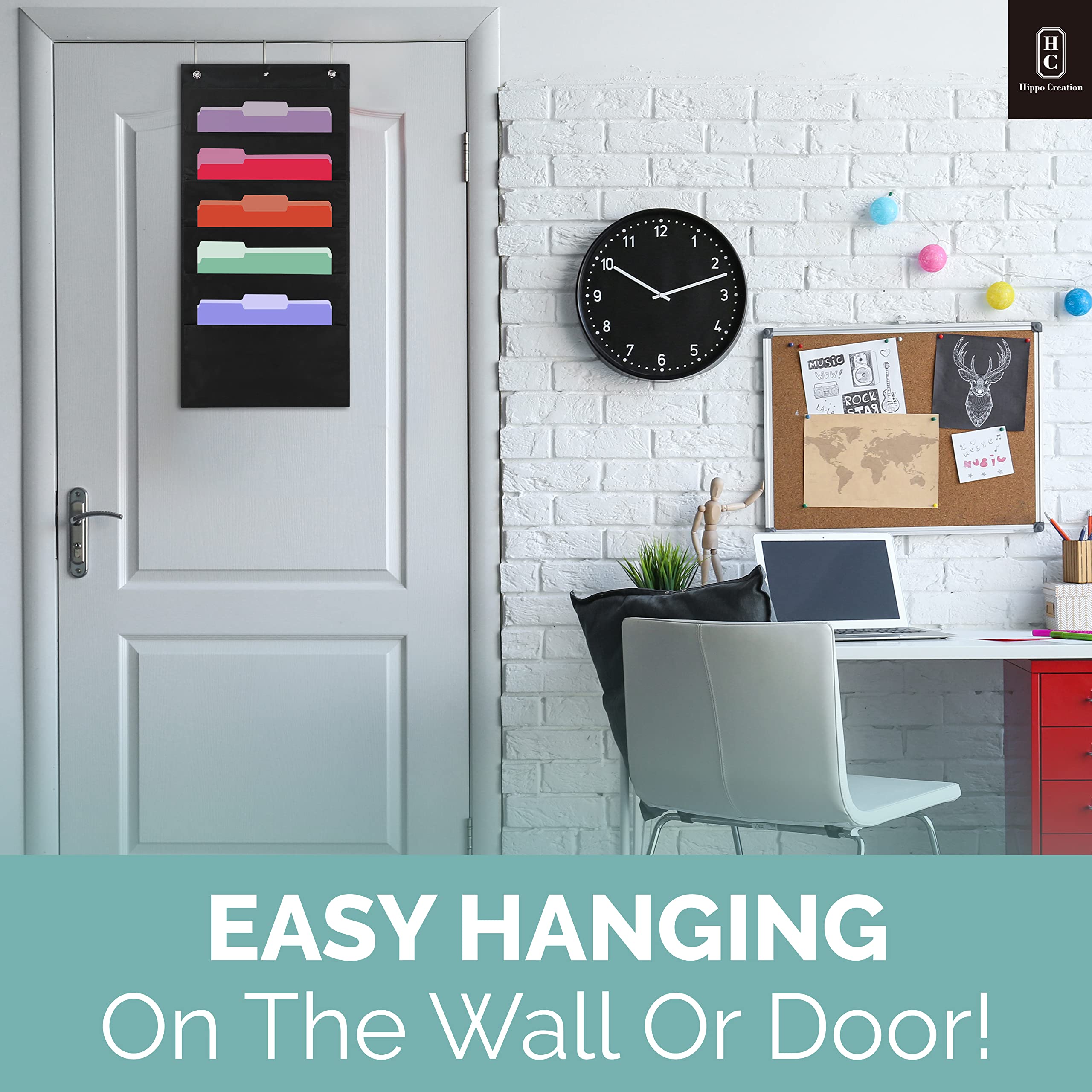 **Hippo Creation Heavy Duty 5-Pocket Storage Organizer with Over-Door Hangers - Hanging Wall File Folder Organizer for Classroom, Home Office, School Mailbox & Paper Storage - Black - Perfect for Teachers, Students & Home Organization**