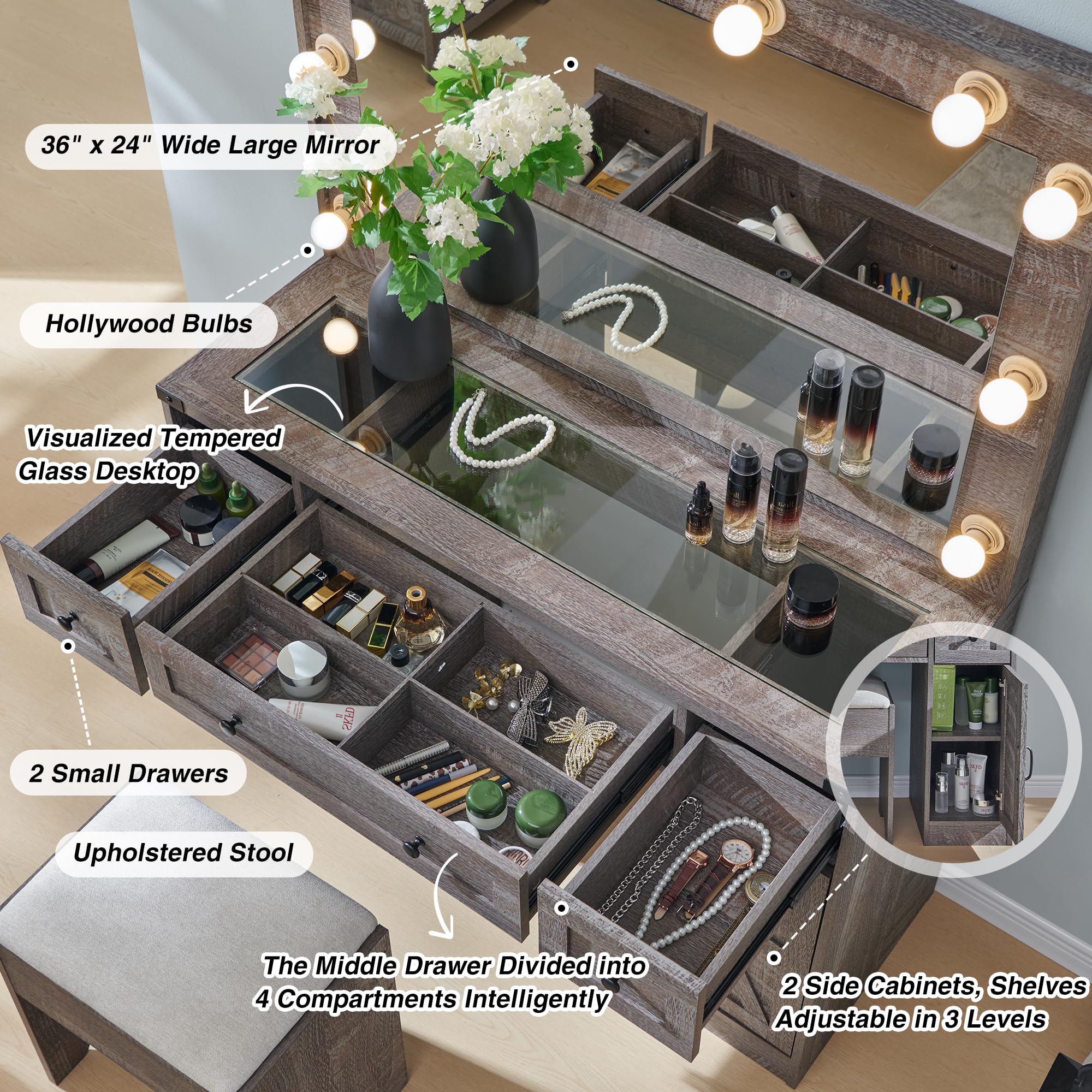 Farmhouse Makeup Vanity Desk with Mirror and Lights - 43