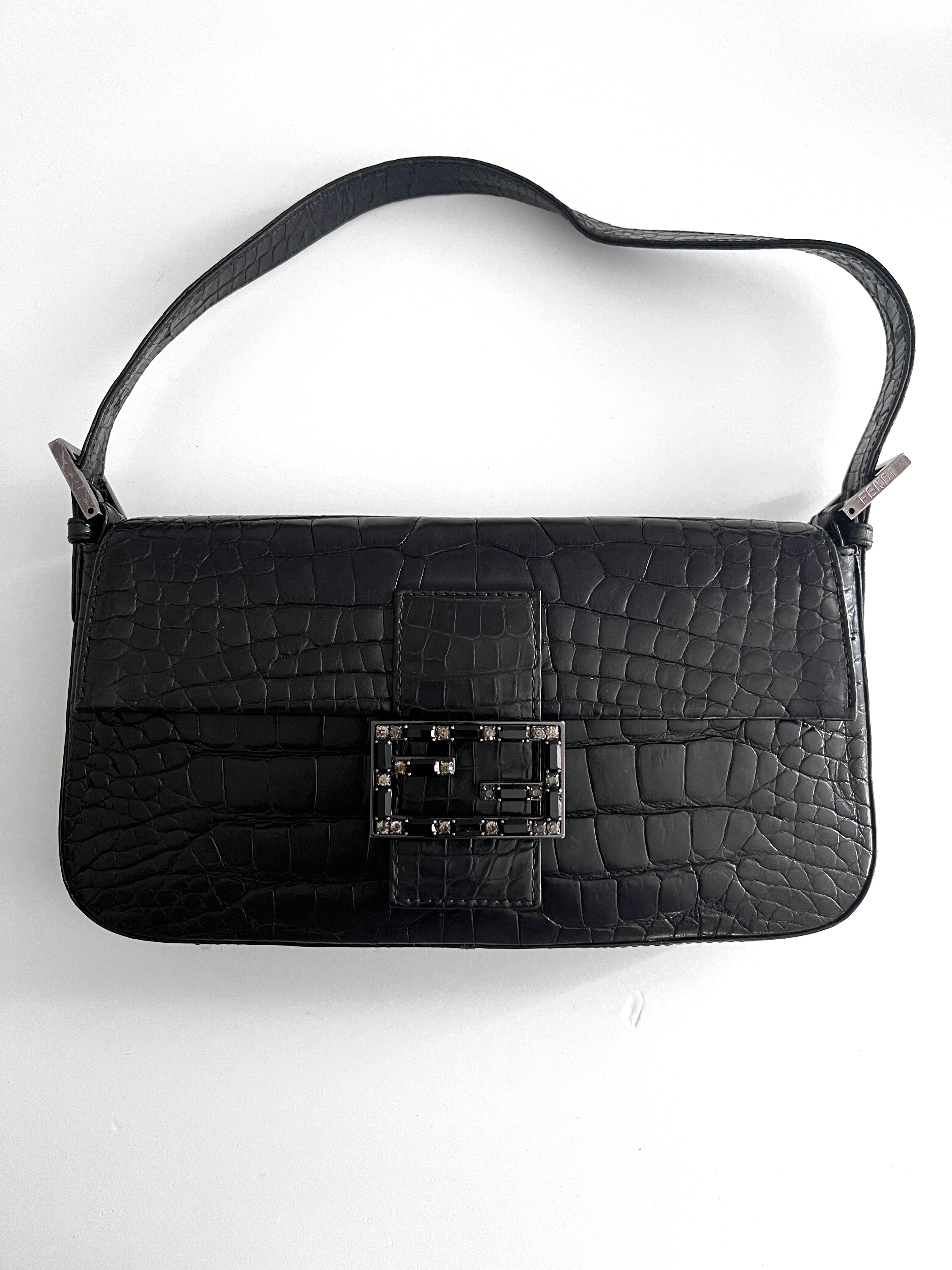 Vintage Fendi Black Crocodile Leather Baguette Handbag - Luxury Designer Shoulder Bag for Women, Perfect for Evening Parties & Special Occasions