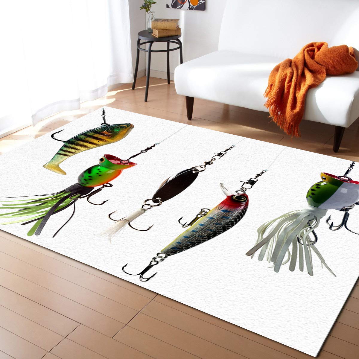 5' x 8' Fishing Lure Area Rug - Washable Hunting Fish Baits Print Carpet for Indoor & Outdoor Use - Perfect for Living Room, Bedroom, Bathroom, Classroom, Kitchen & Hallway - Great Gift for Fishing Enthusiasts & Home Decor