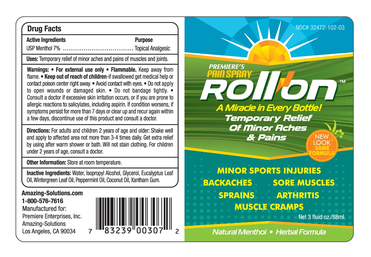 Premiere's All-Natural Pain Relief Roll-On - Menthol & Peppermint Herbal Blend for Joint Pain, Muscle Soreness, Sports Injuries & Back Aches | Fast-Acting Formula for Athletes, Gym Recovery & Daily Discomfort | 3-Pack