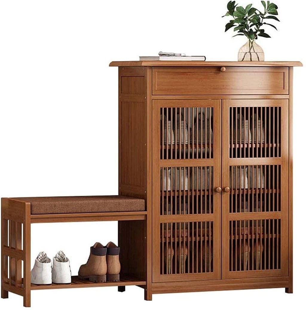 Rustic Shoe Cabinet with Fence Hollow Design - Large Capacity 2 Door Shoe Storage Organizer with Stool | Entryway, Mudroom, Closet & Home Organization Solution
