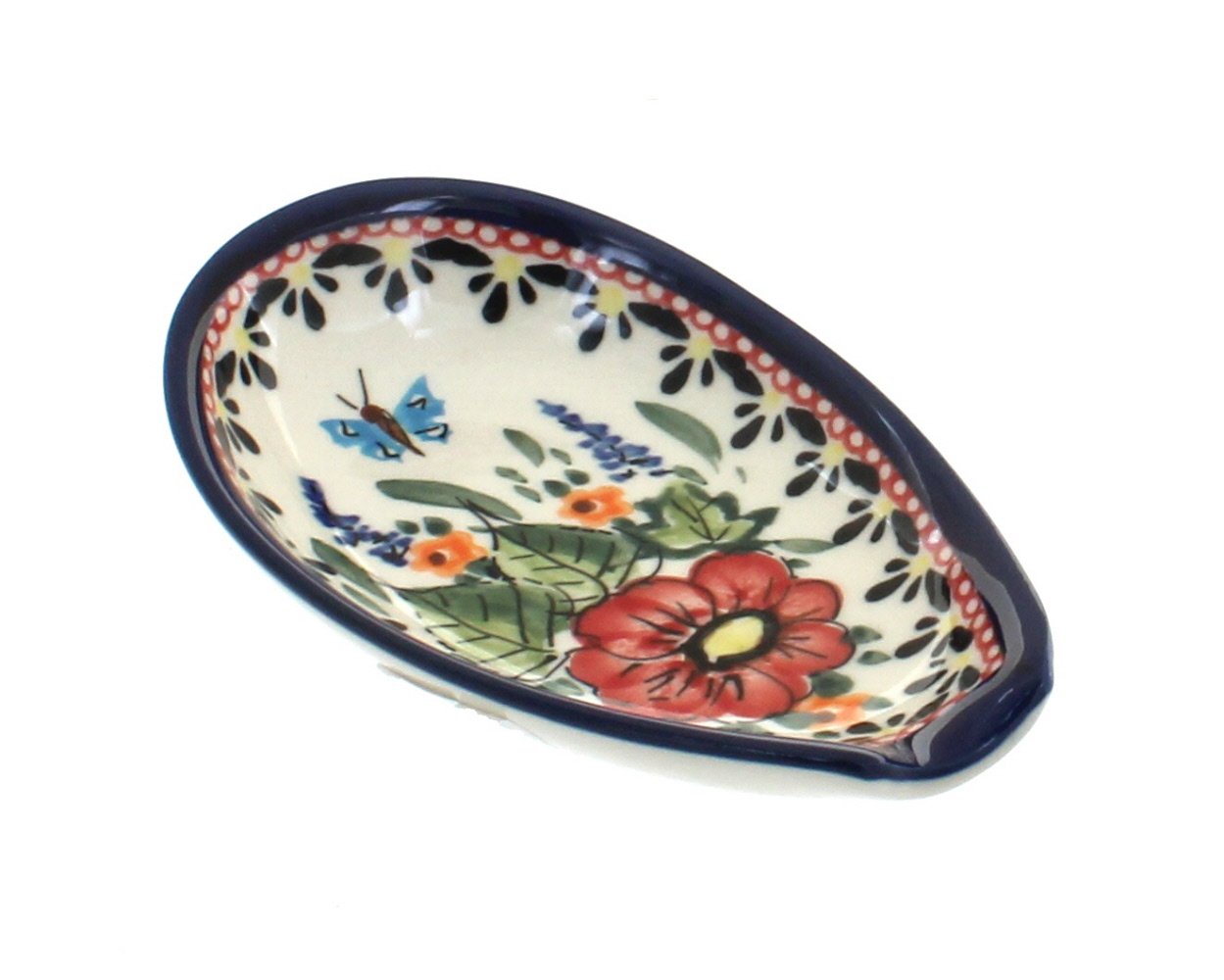 Handmade Blue Rose Polish Pottery Spoon Rest with Floral Butterfly Design - Perfect for Kitchen, Dining Table, and Tea Party Decor