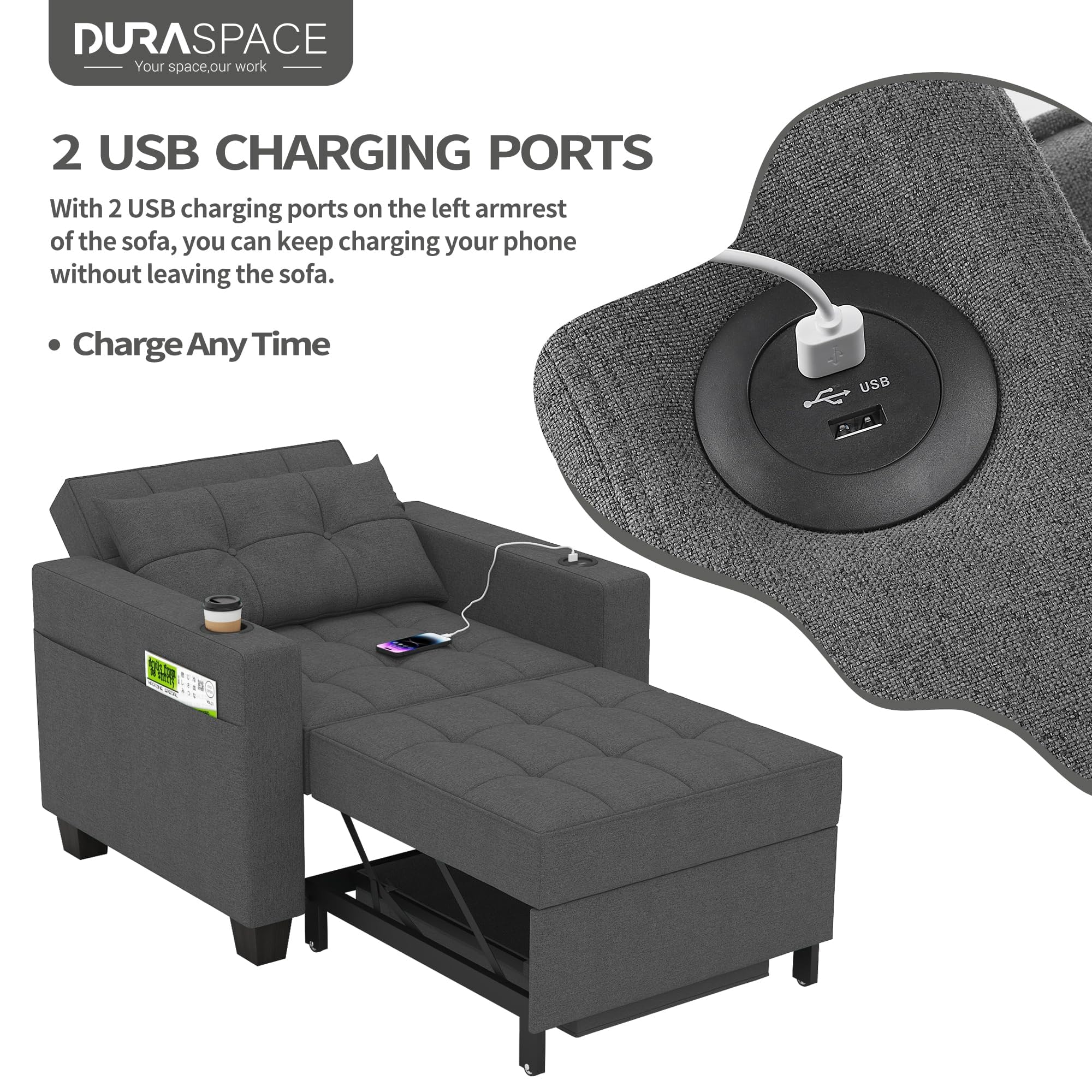 DURASPACE 39 Inch Convertible 3-in-1 Futon Chair Bed - Pull Out Sleeper Sofa with USB Charging, Reading Recliner & Armchair for Living Room, Dorm, Small Space (Dark Gray Linen Fabric) | Perfect for Guest Rooms, Studio Apartments & Cozy Reading Nooks