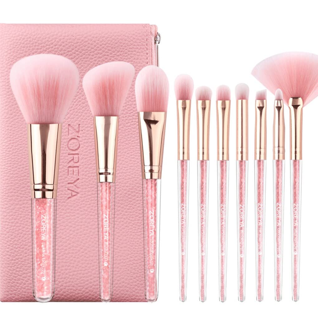 10-Piece Pink Crystal Makeup Brush Set - Nylon Bristles for Eyeshadow, Powder & Eyebrows - Rhinestone Handle Fan Brushes for Professional Makeup Application & Travel Beauty Kit