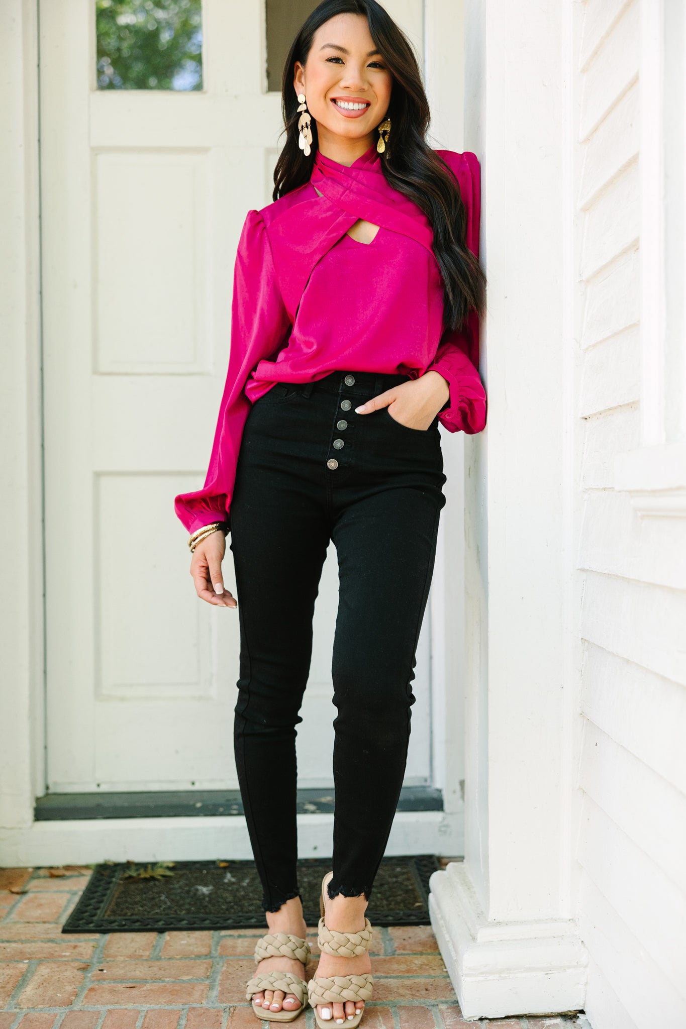 Stylish Magenta Purple Crisscross Blouse for Women - Elegant Detailed Design - Perfect for Office, Party & Date Night Outfits