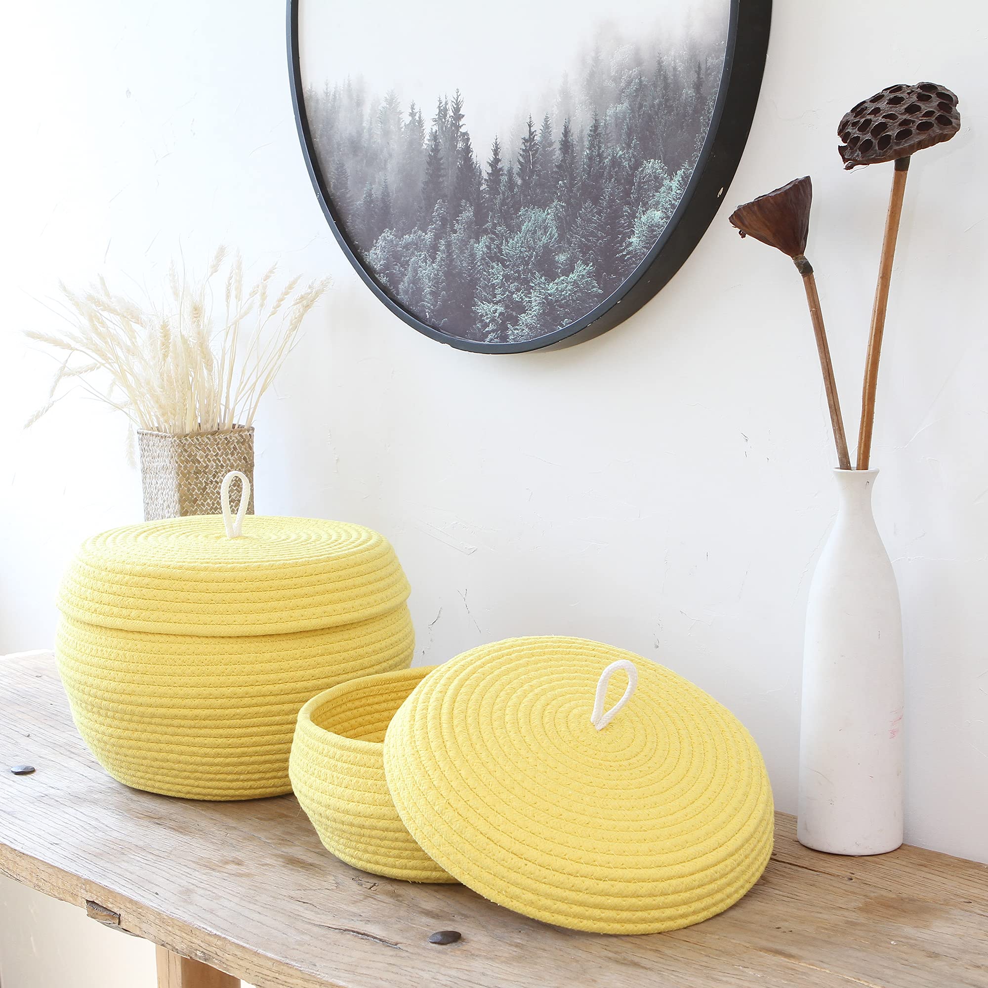 Sea Team Round Cotton Rope Storage Basket with Lid - Decorative Woven Organizer Bin for Home, Nursery & Office - Perfect for Snacks, Towels, Plants & Toys - 13 x 5.5 Inches (Large, Shallow, Yellow) - Ideal for Living Room, Bedroom & Bathroom Storage