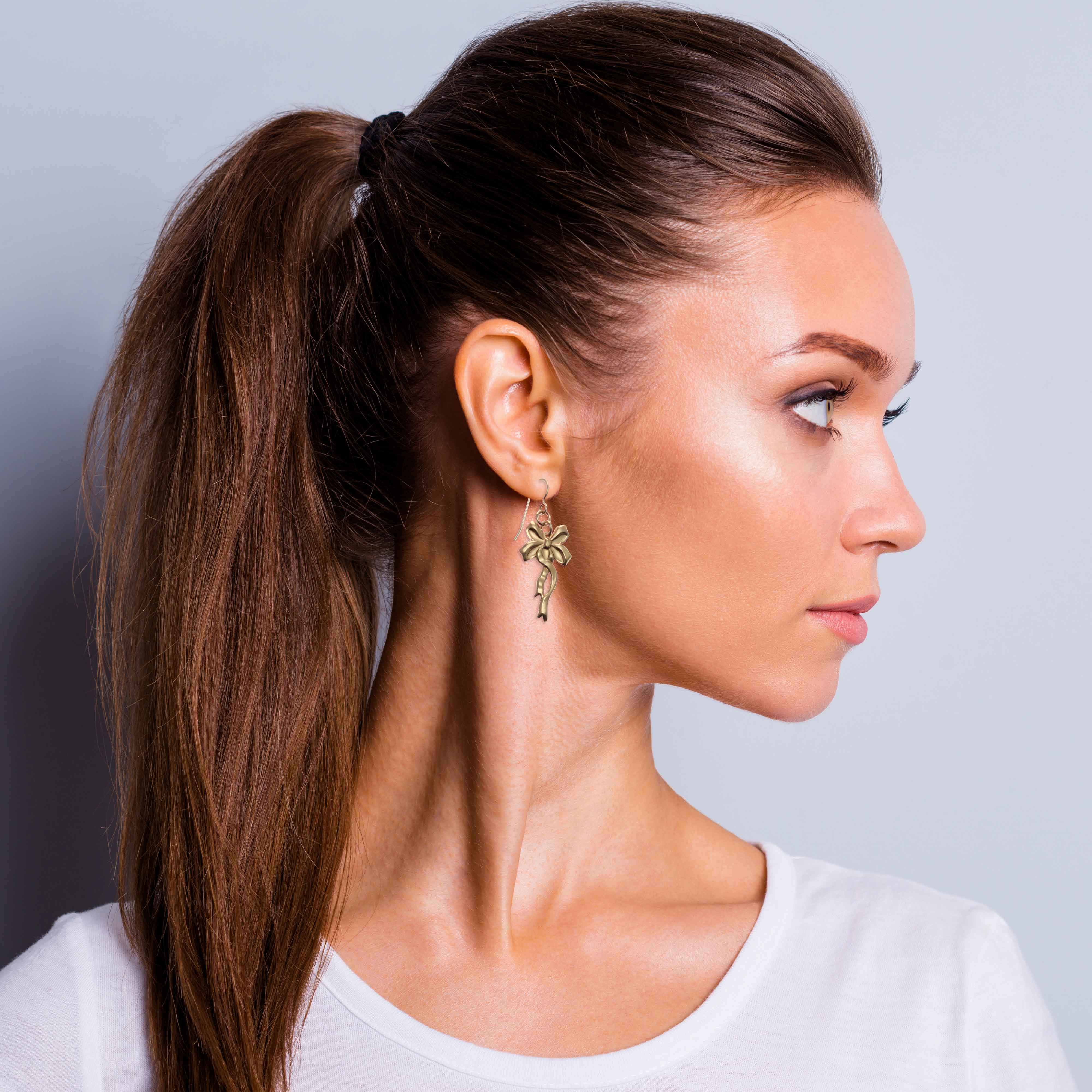 Yuletide Ribbon Bronze Dangle Earrings - Christmas Holiday Party Jewelry for Women, Gift for Her - Perfect for Festive Occasions, Office Parties & Family Gatherings