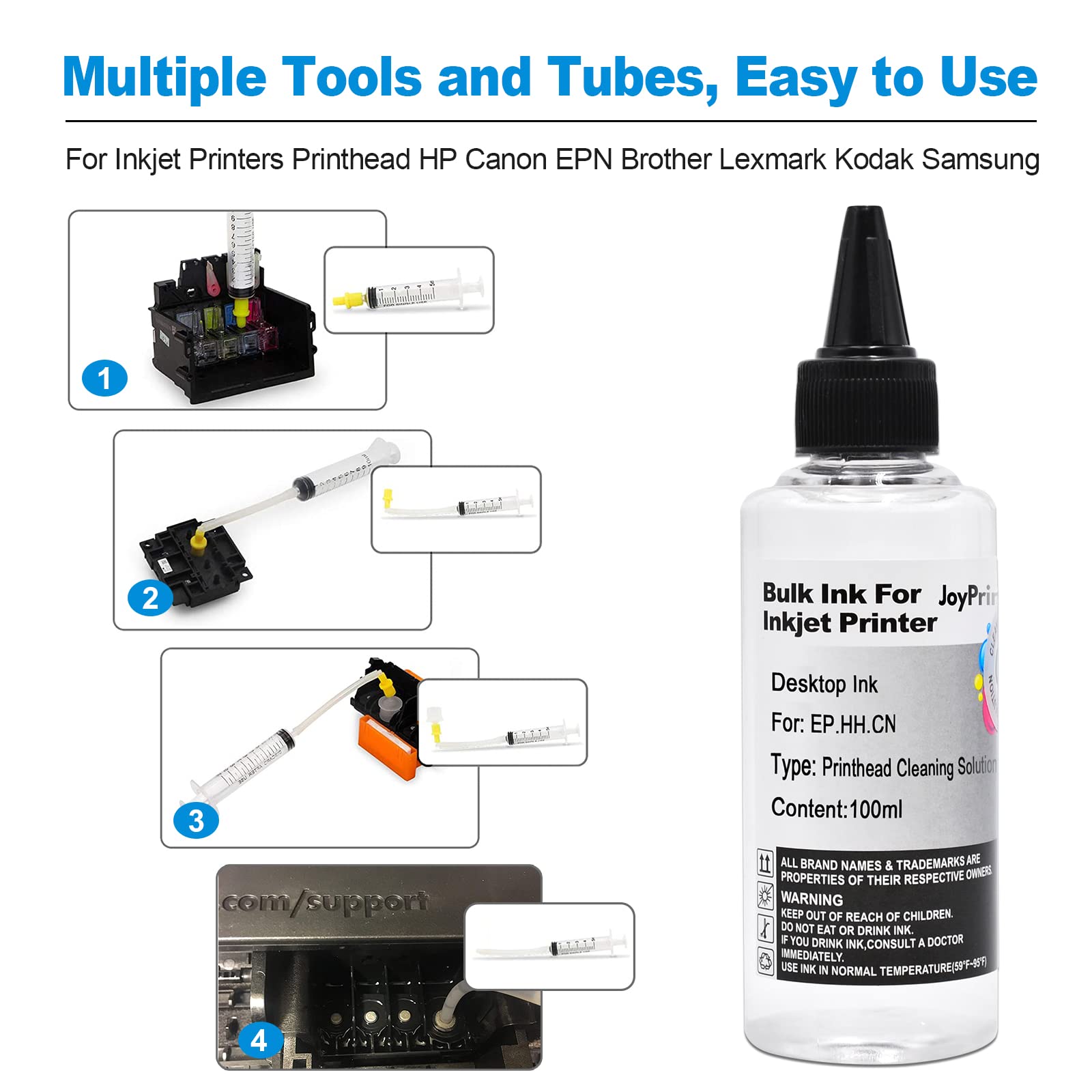 JoyPrinting 2X Printhead Cleaner Kit for Epson/HP/Canon/Brother/Lexmark/Kodak/Samsung Inkjet Printers - 100ml & 10ml Premium Syringe Nozzle Cleaning Solution - Perfect for Clogged Print Heads & Maintenance