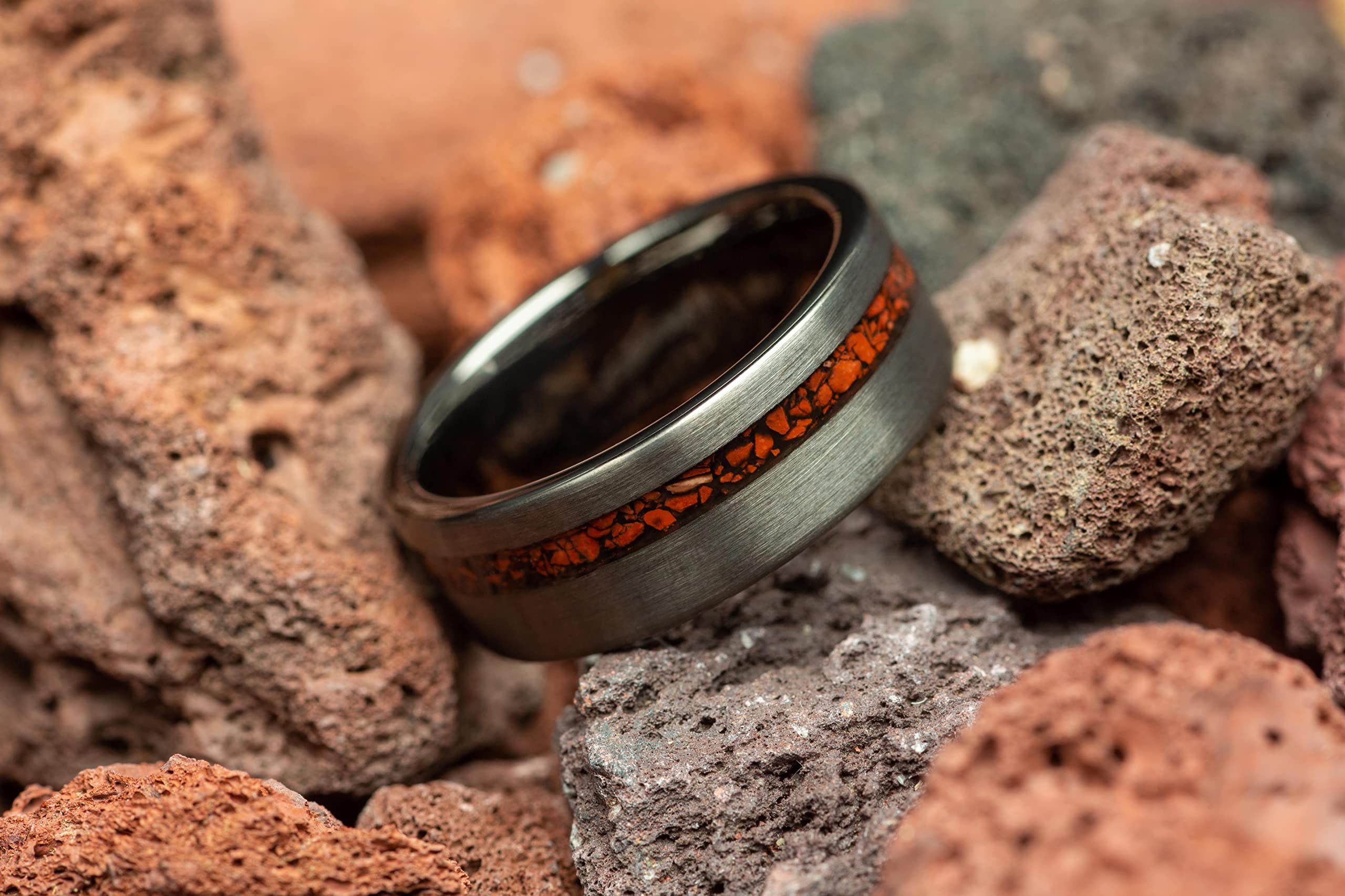Dinosaur Bone & Meteorite Men's Wedding Ring - Brushed Gunmetal Tungsten Band, 8mm Comfort Fit - Unique Groomsmen, Anniversary & Gift Jewelry for Outdoor Enthusiasts