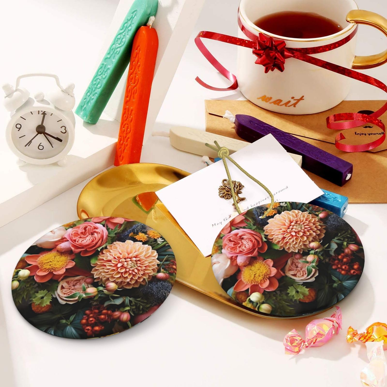 Christmas Tree Ceramic Hanging Ornaments - Round Botanical Floral Decor with Gold Ribbon for Holiday Decorations | Perfect for Xmas Tree, Home, Office & Gift Giving