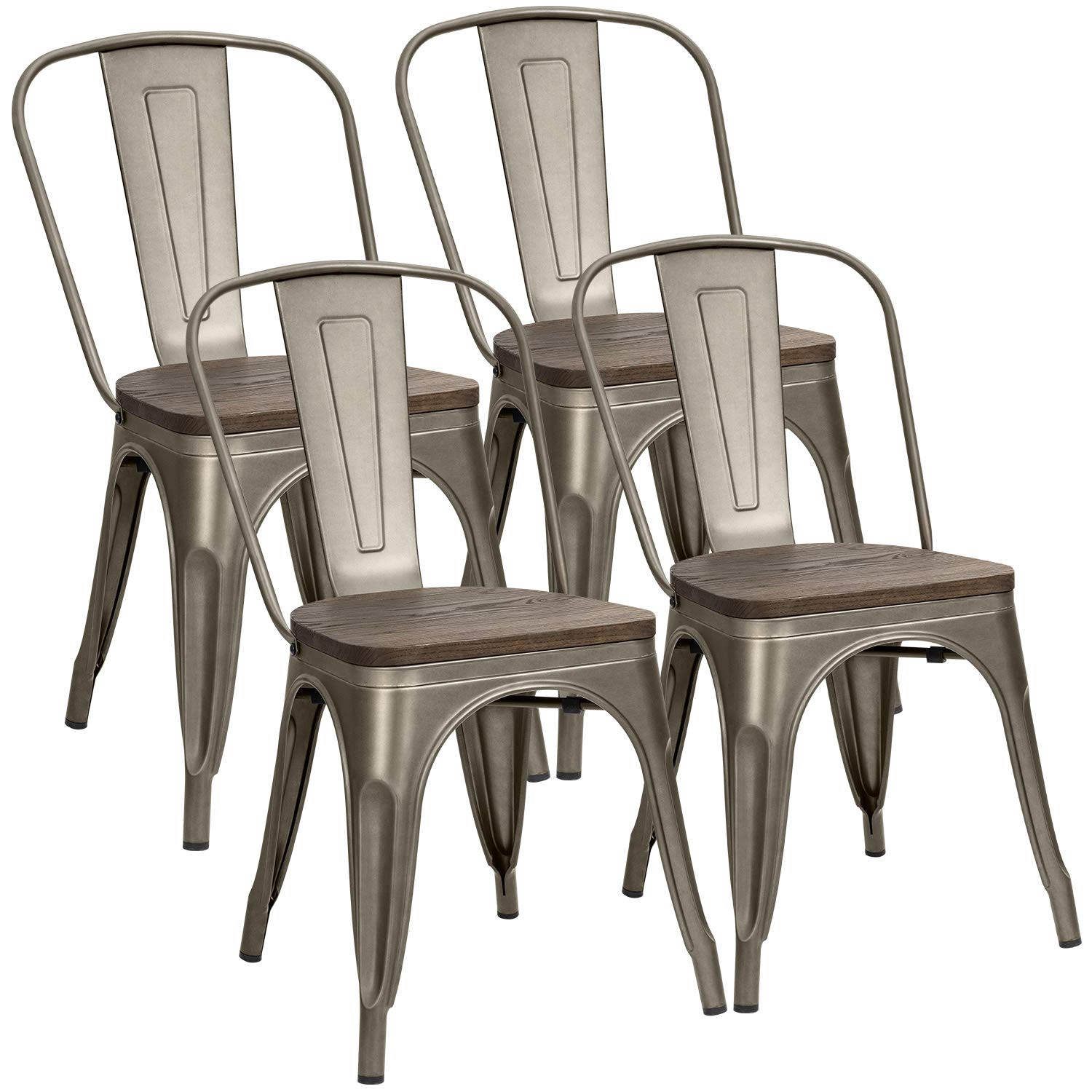 Furniwell 4-Pack Stackable Metal Dining Chairs with Wood Seat - Industrial Tolix Style Indoor/Outdoor Kitchen, Dining Room, Bistro & Cafe Chairs (Gun Metal) - Perfect for Home, Restaurant, and Outdoor Patio Use