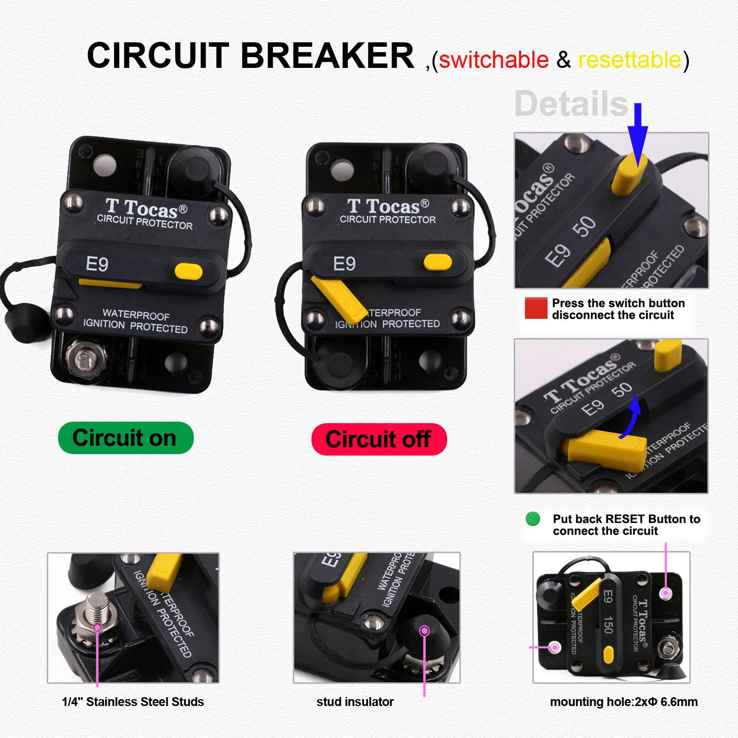 70A Surface-Mount Circuit Breaker with Manual Reset - 12V-48V DC Waterproof IP67 Protection for Marine, RV, Solar Systems & Car Audio (Perfect for Trolling Motors, Boat Batteries & Off-Grid Power)
