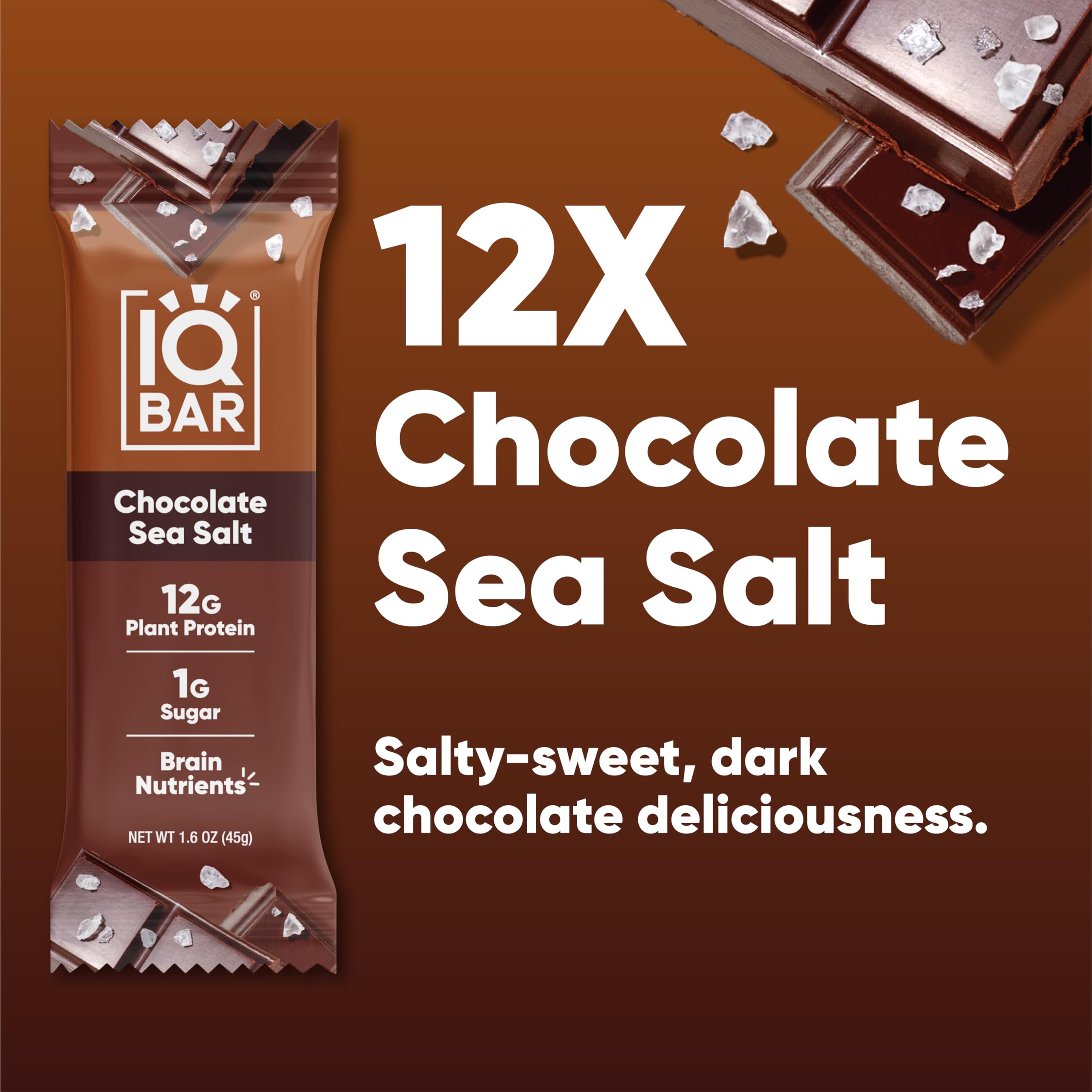 IQBAR Vegan Protein Bars - Chocolate Sea Salt, 12-Count | Low Carb Gluten-Free Snacks for Workout & Travel