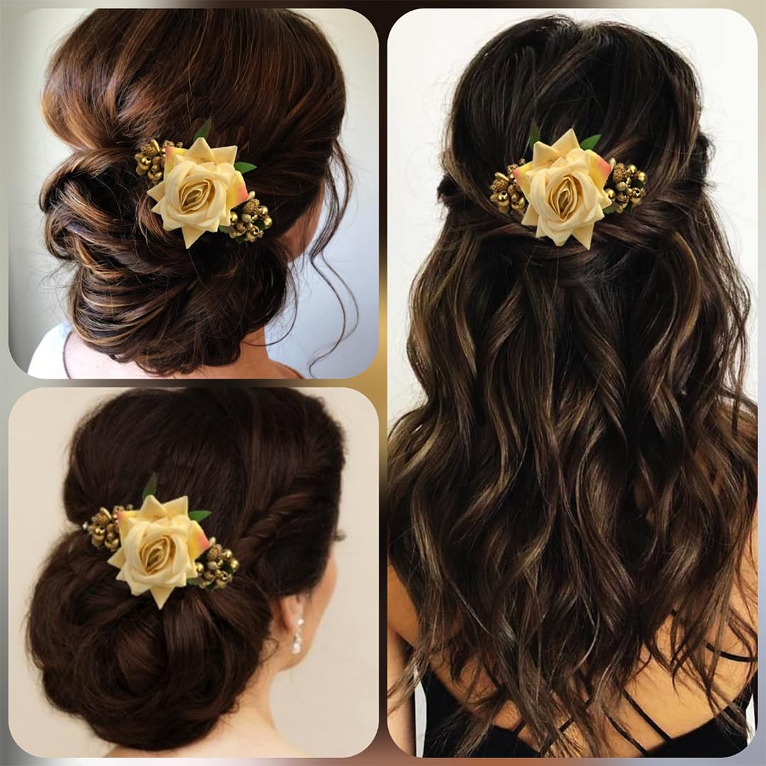 Ansh Women's Artificial Glossy Rose Flower Hair Clip with Stone Design & Pearls - Bridal Hair Accessories for Weddings, Parties & Special Occasions (Peach, Pack of 1)