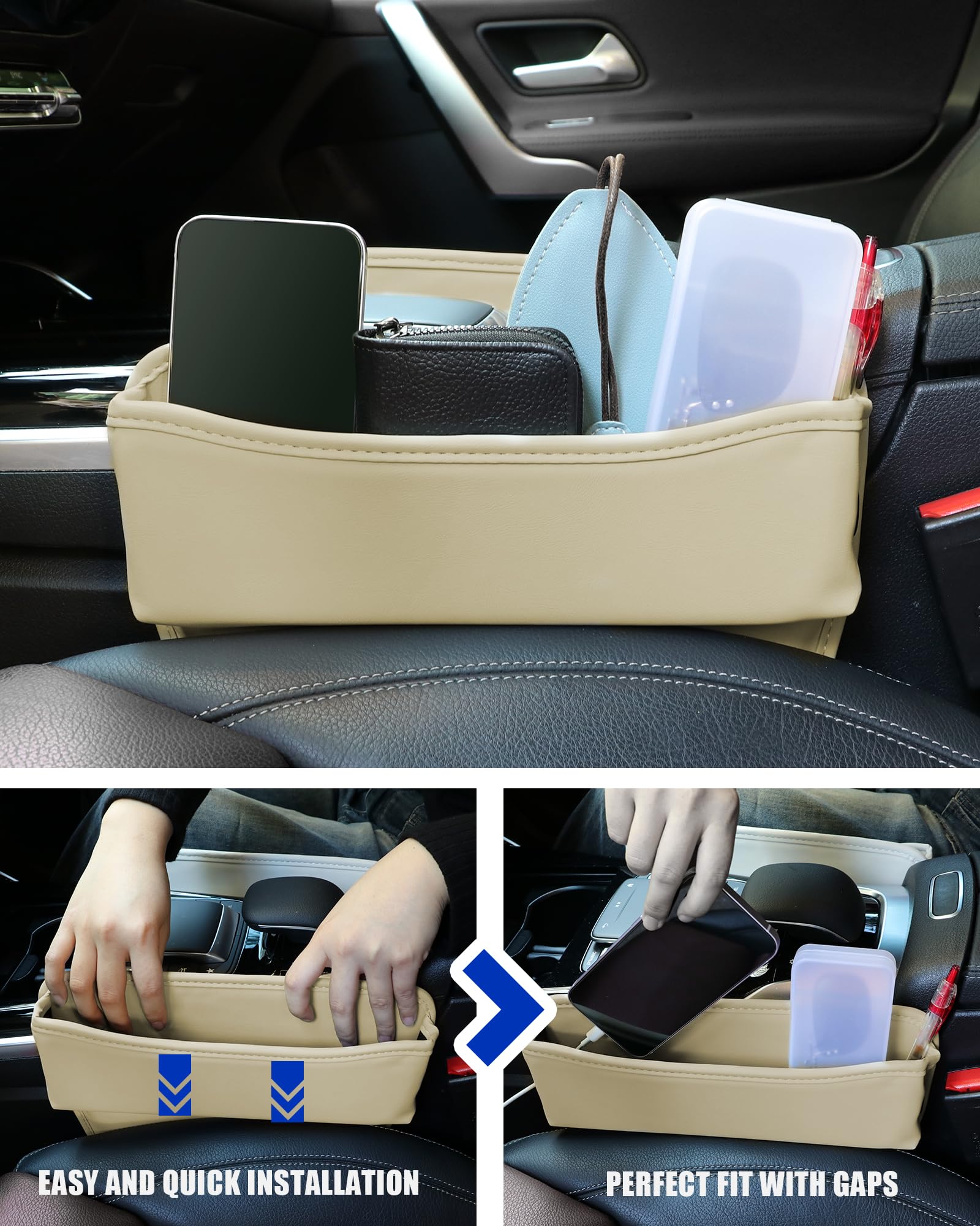 Premium 2-Pack Leather Car Seat Gap Filler Organizer - Universal Front Seat Storage for Phones, Keys, Cards & Glasses | Interior Car Accessories for Sedans, SUVs & Trucks (Beige) - Perfect for Road Trips, Commuting & Daily Driving