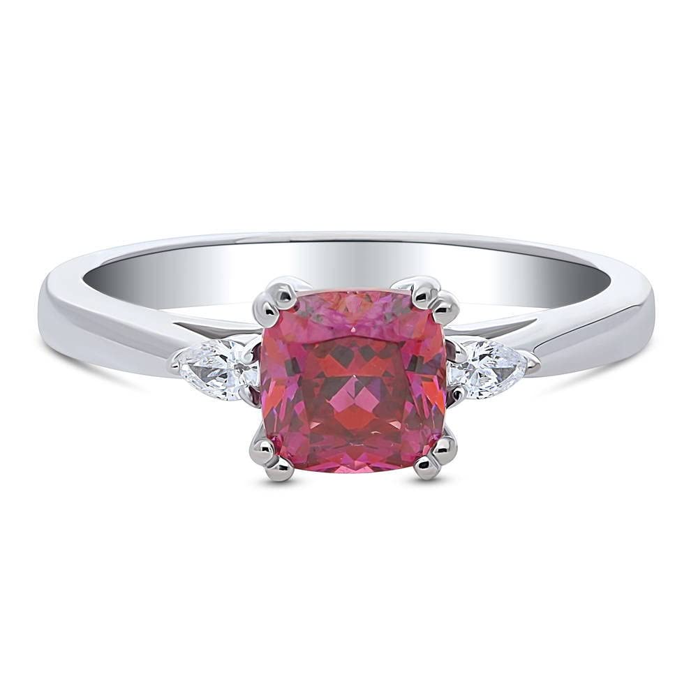 BERRICLE Sterling Silver 3-Stone Ring with Red Cushion Cut Cubic Zirconia | 1.25 Carat Women's Promise & Anniversary Ring | Rhodium Plated | Size 4-10 | Perfect for Valentine's Day, Engagement & Special Occasions