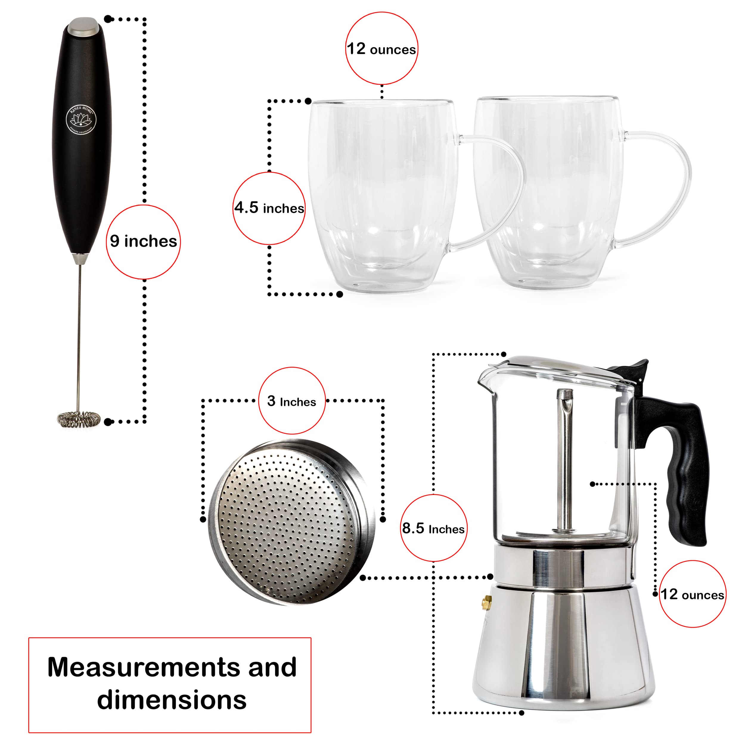 Stovetop Espresso Maker Set - 9 Cup Moka Pot, 2x 12oz Glass Coffee Mugs & Milk Frother - Italian Coffee Maker for Cuban, Greek & Espresso - Perfect for Home, Office & Camping Brewing