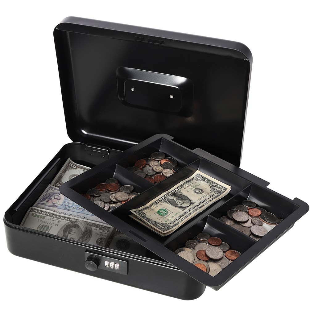 Heavy Duty Metal Cash Box with Combination Lock - Large Secure Money Storage Box with Removable Tray (11.8