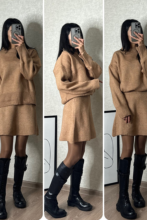 Stylish Solid Color Preppy Knit Top & Stretch Mini Skirt Set - Casual Outfit for Women | Perfect for School, Work & Weekend Outings