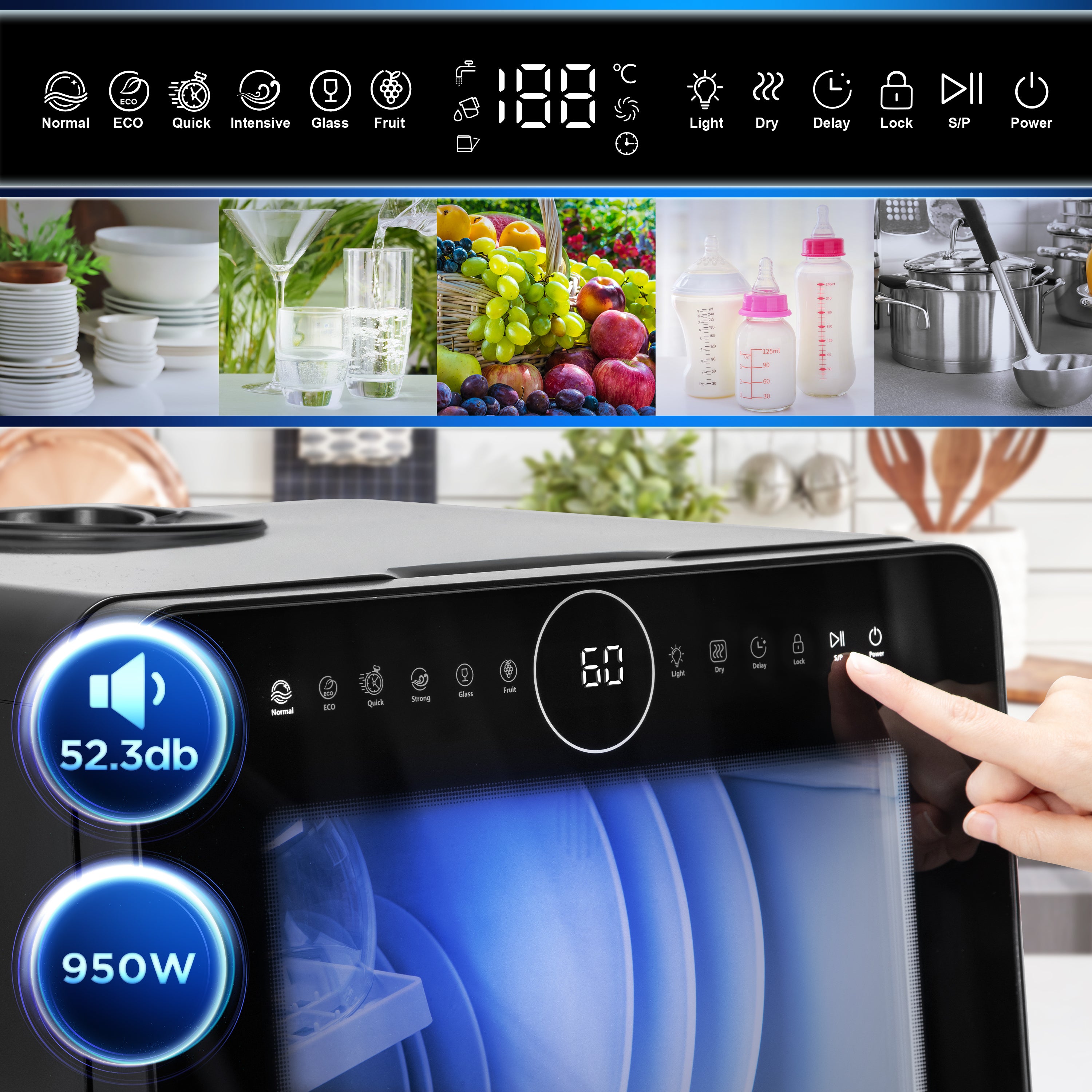 Duronic DW5 BK Compact Tabletop Dishwasher - 5L Capacity, 8 Wash Cycles, 950W Power for Quick & Eco Cleaning | Perfect for Small Kitchens, Apartments, RVs & Dorms (Black)