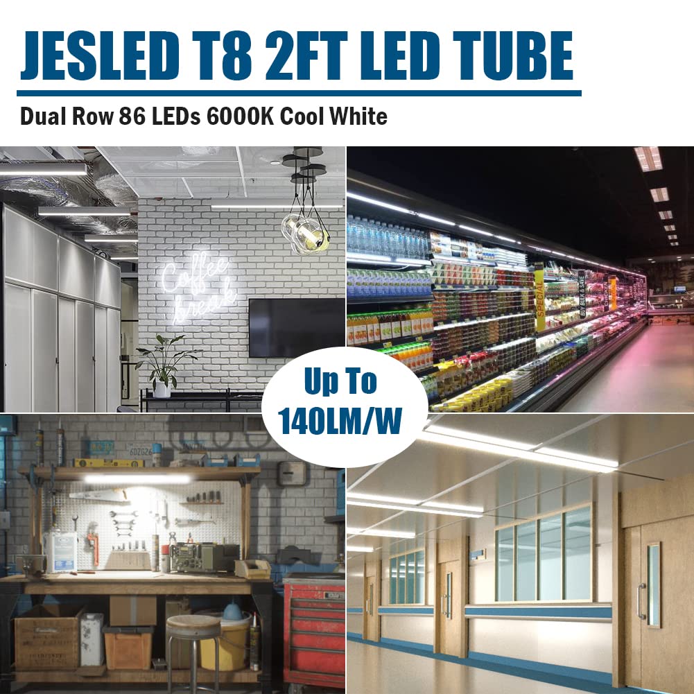 JESLED 2FT T8 LED Tube Light 12W (30W Equivalent) - 1680LM, 6000K Daylight White - Plug & Play or Ballast Bypass - 24 Inch F20T12 Fluorescent Replacement - Dual Ended Fixture (4-Pack) - Perfect for Garage, Workshop & Office Lighting