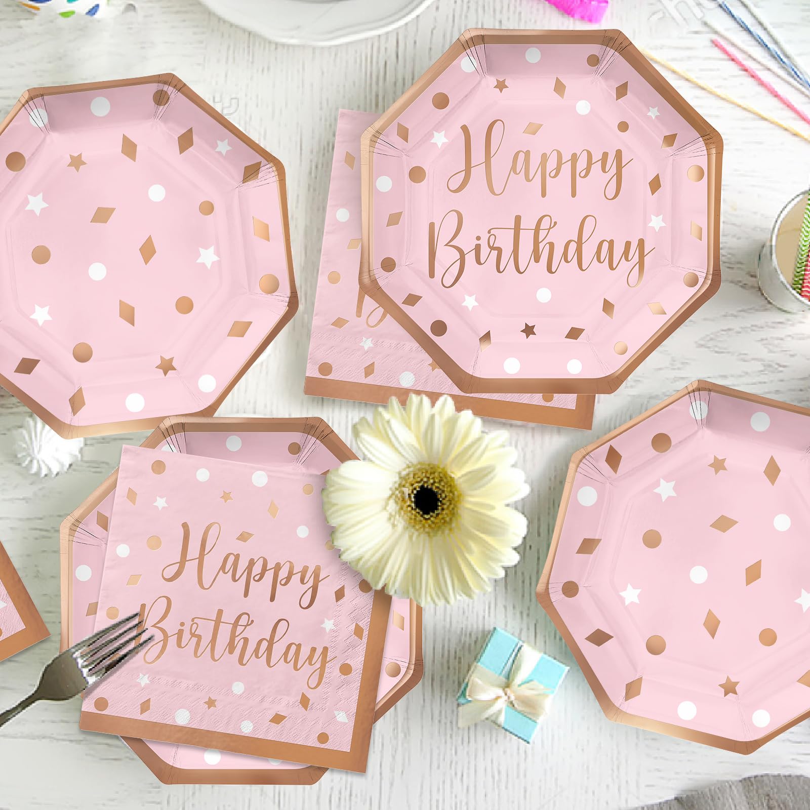 Gatherfun Rose Gold Birthday Party Supplies Set - 16-Pack Disposable Paper Plates, Napkins & Cups for Women's Celebration - Elegant Tableware for Bridal Showers, Baby Showers & Birthday Parties