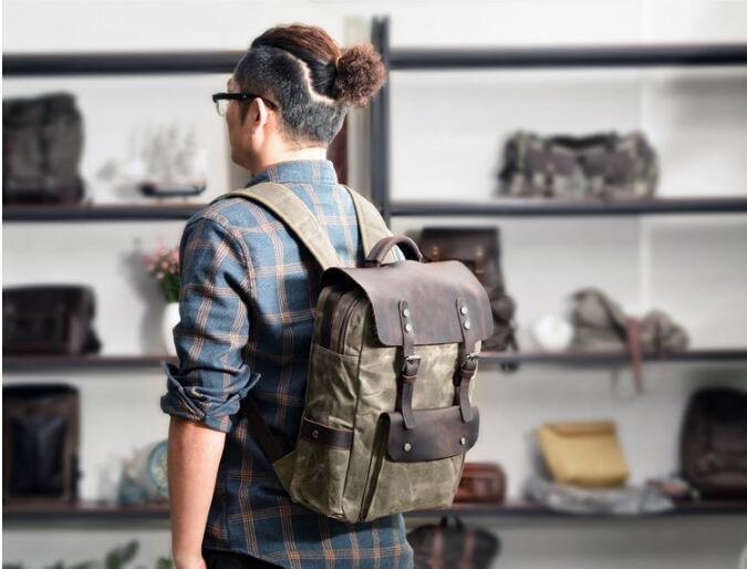 Durable Waxed Canvas & Genuine Leather Backpack - Green, Brown, Grey | Waterproof & Stylish for Outdoor Adventures, Travel & Daily Commute