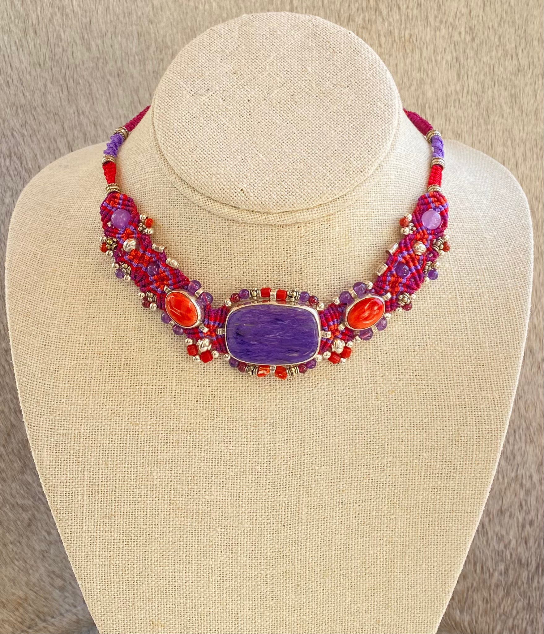 Handmade Macramé Choker Necklace with Charoite and Spiny Oyster Shell Beads - Boho Chic Jewelry for Women, Perfect for Festivals, Parties and Everyday Wear