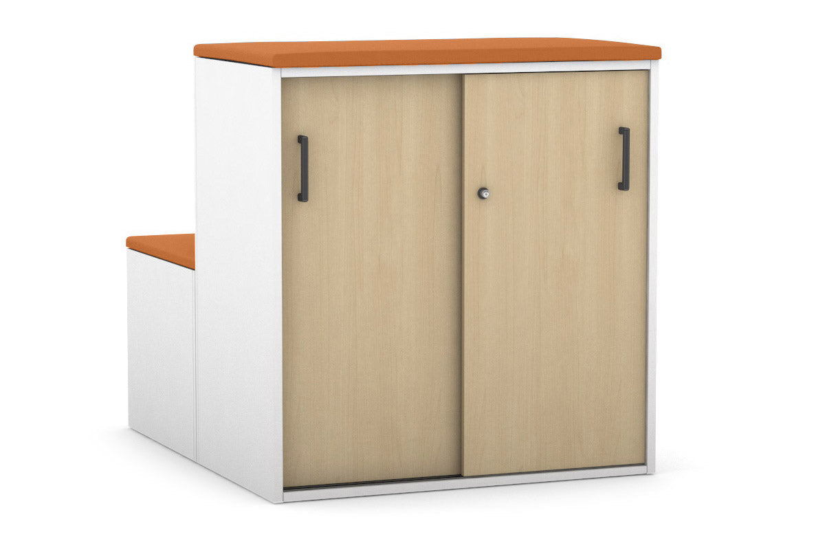 Professional Med Sliding 2-Door Credenza with Seat Cushion - Uniform Activity Module Cabinet with Low Profile Design [Black Handle] - Perfect for Medical Offices, Clinics, and Healthcare Facilities