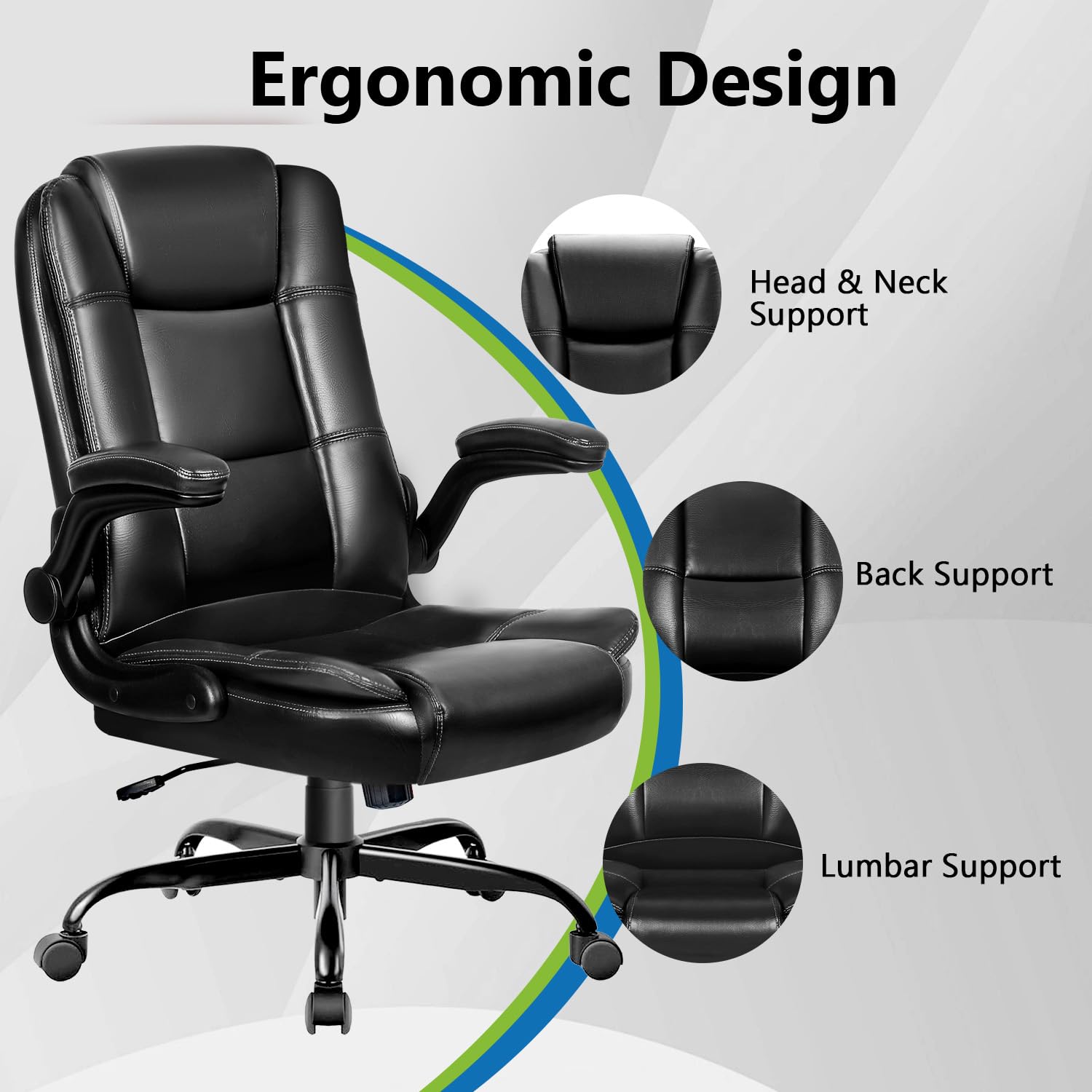 Premium Ergonomic Leather Office Chair - High Back Executive Desk Chair with Lumbar Support & Flip-Up Armrests for Home & Business Use - Black