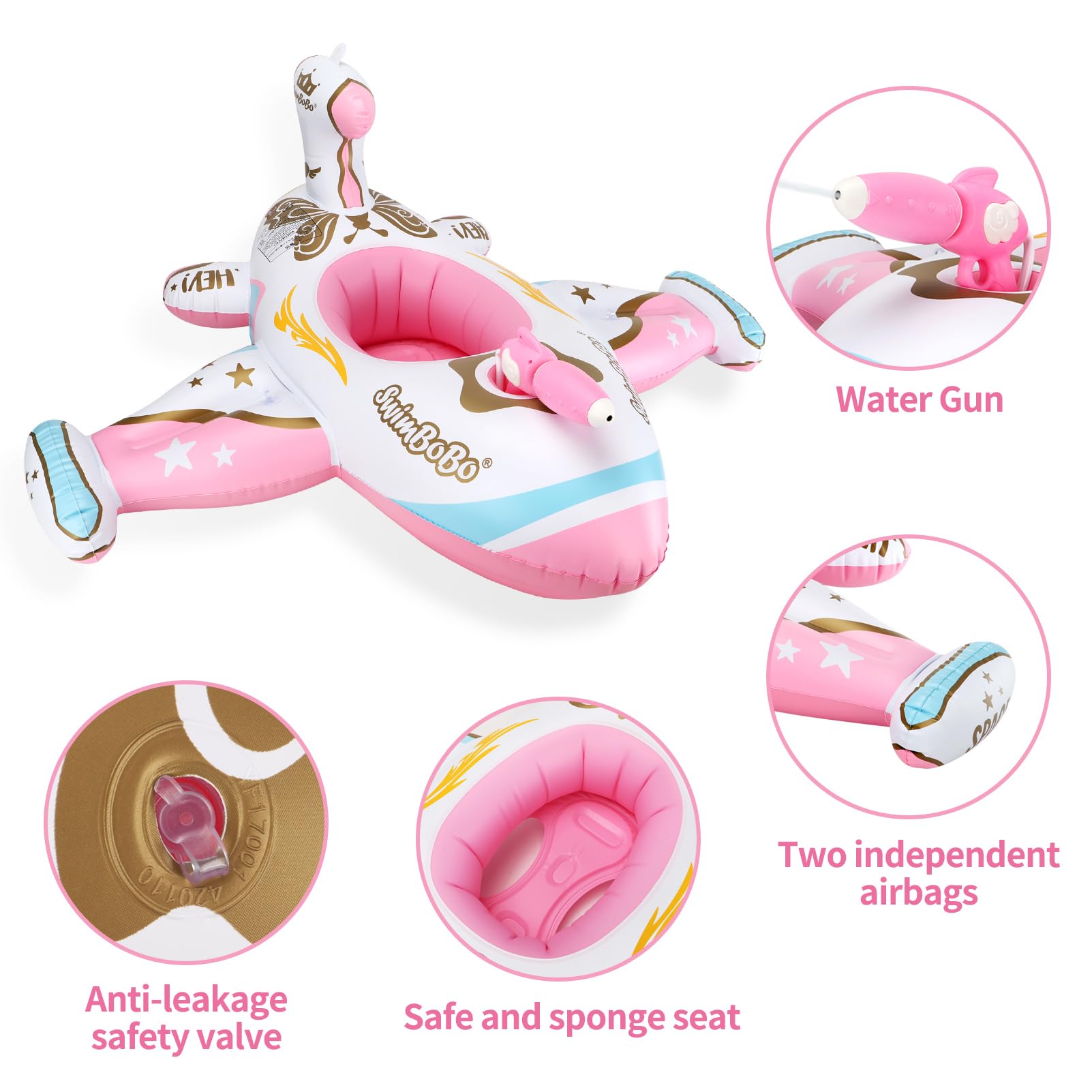 Swimbobo Toddler Pool Float - Pink Inflatable Airplane Baby Swim Ring with Water Gun & Safety Seat | Safe Pool Toys for Kids 3+ Years | Perfect for Summer Swimming, Beach Vacations & Backyard Pool Fun