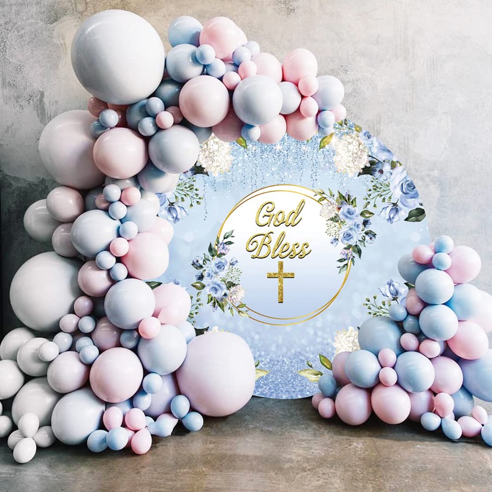 7ft Round God Bless Photography Backdrop with Golden Cross & Blue Flowers - Polyester First Holy Communion, Christening, Newborn Baby Baptism Background for Church Events & Religious Celebrations