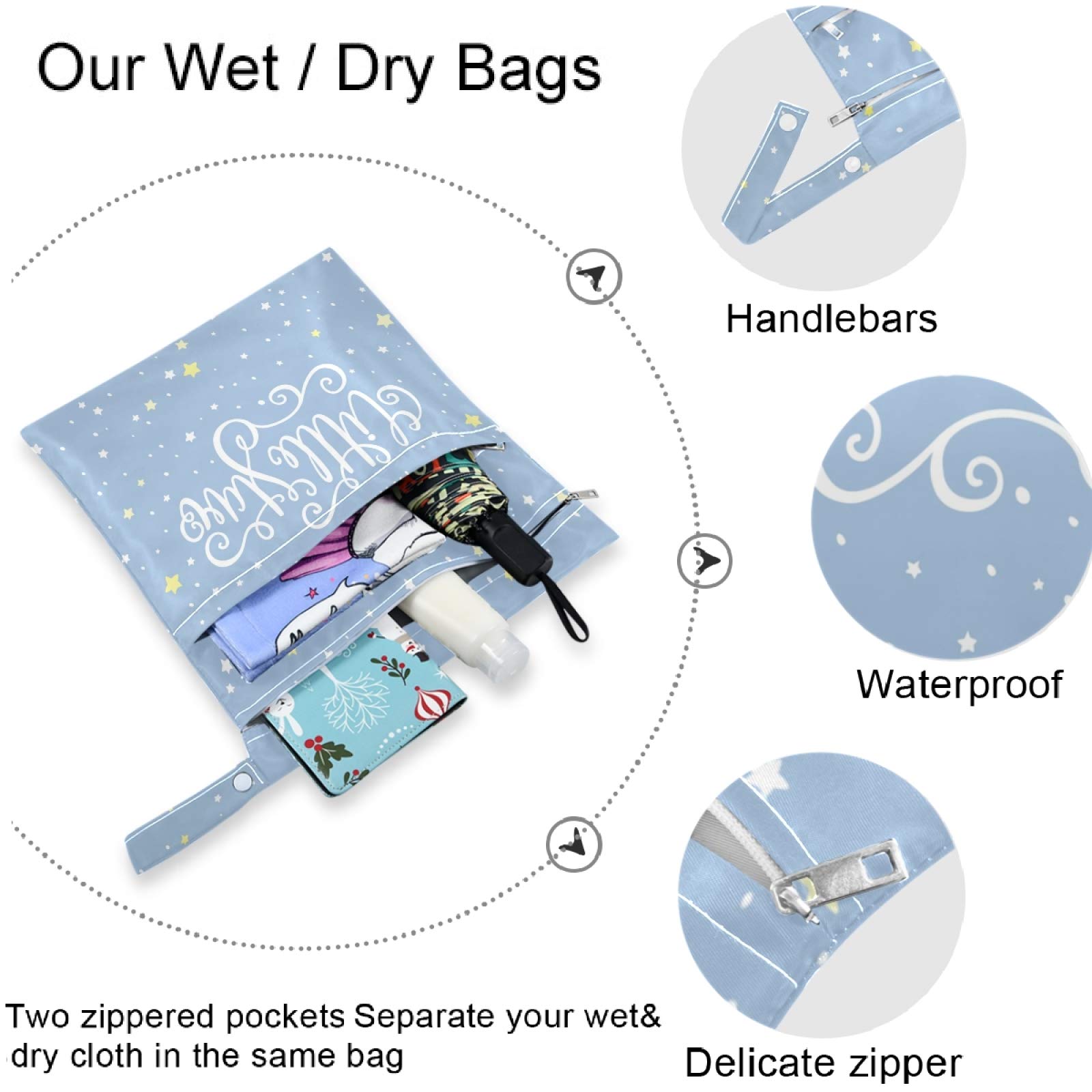 Visesunny Star Blue Pattern 2Pcs Wet Bags with Zippered Pockets - Washable & Reusable Waterproof Storage for Travel, Beach, Pool, Daycare | Perfect for Wet Swimsuits, Diapers, Gym Clothes & Toiletries | Great for Moms, Kids & Outdoor Activities