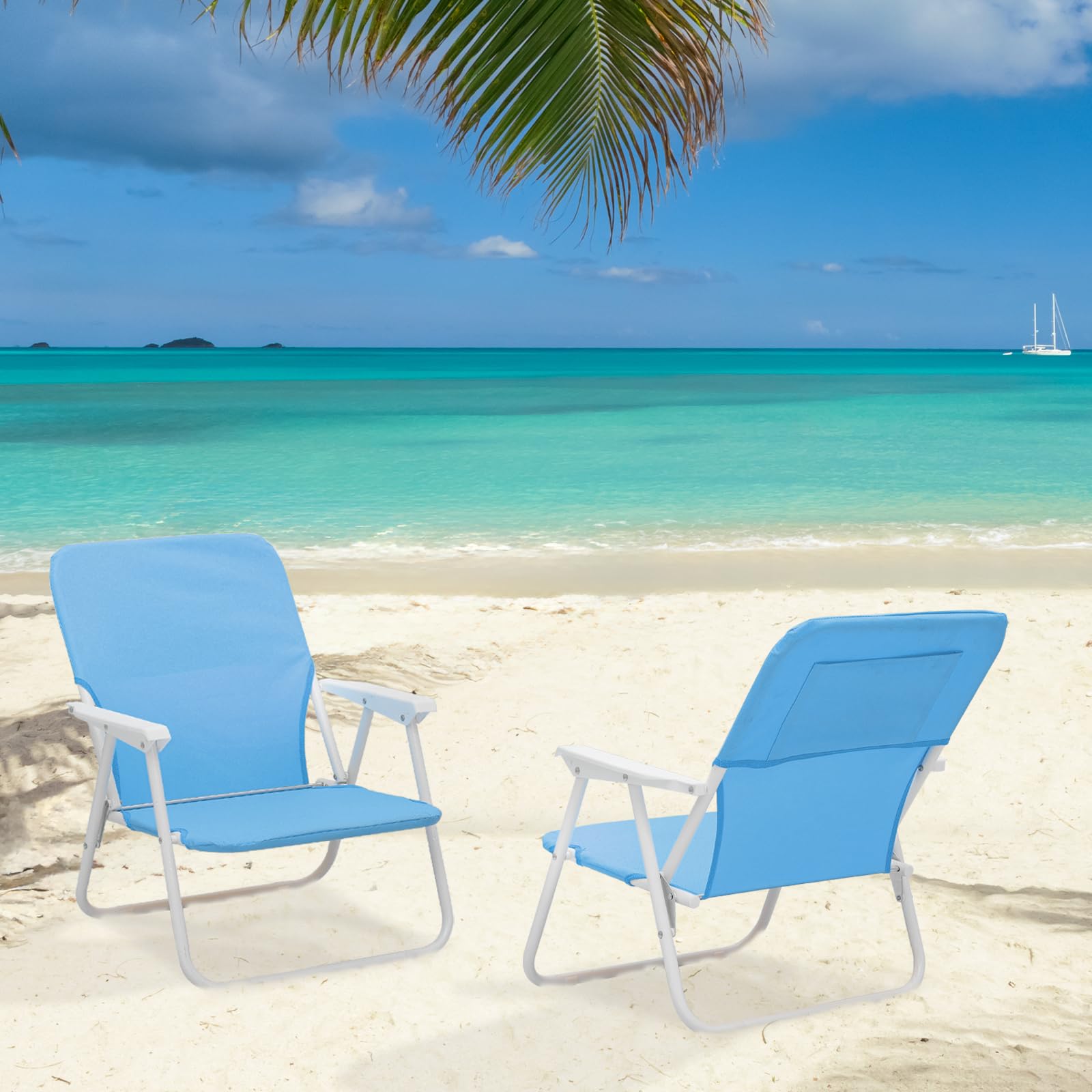 Magshion 2-Pack Folding Low Beach Chairs for Adults - Portable Lightweight Lawn Chairs with Back Pocket & Hard Armrest - Supports 250 lbs - Perfect for Camping, Fishing, Poolside, Patio, Backyard & Outdoor Relaxation (Blue)