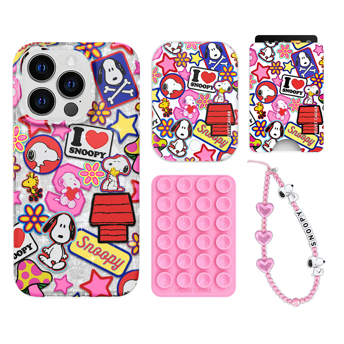 Snoopy Glitter iPhone Case with Wallet - Cute Cartoon Patchwork Design for iPhone 13/14/15 Pro Max - Perfect for School, Work & Travel Accessories